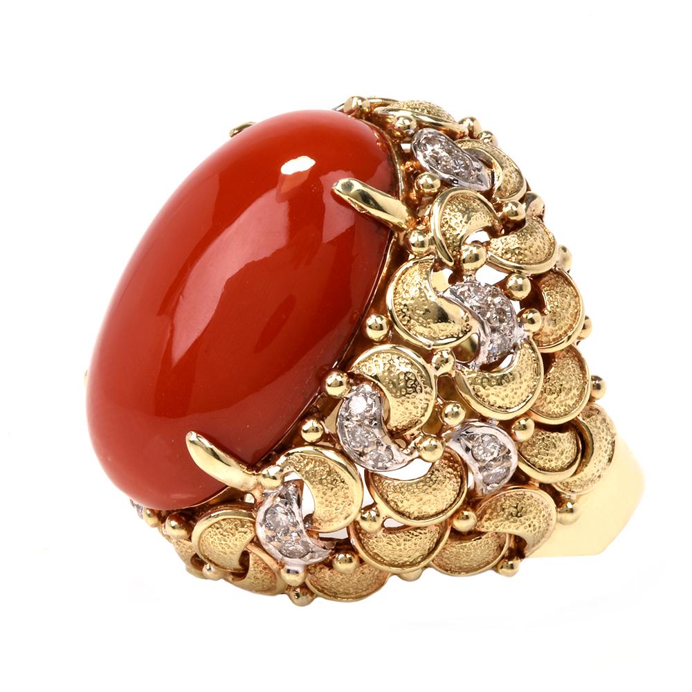 Oval Cut Vintage Natural Coral Diamond Yellow and White Gold Crescent Dome Ring
