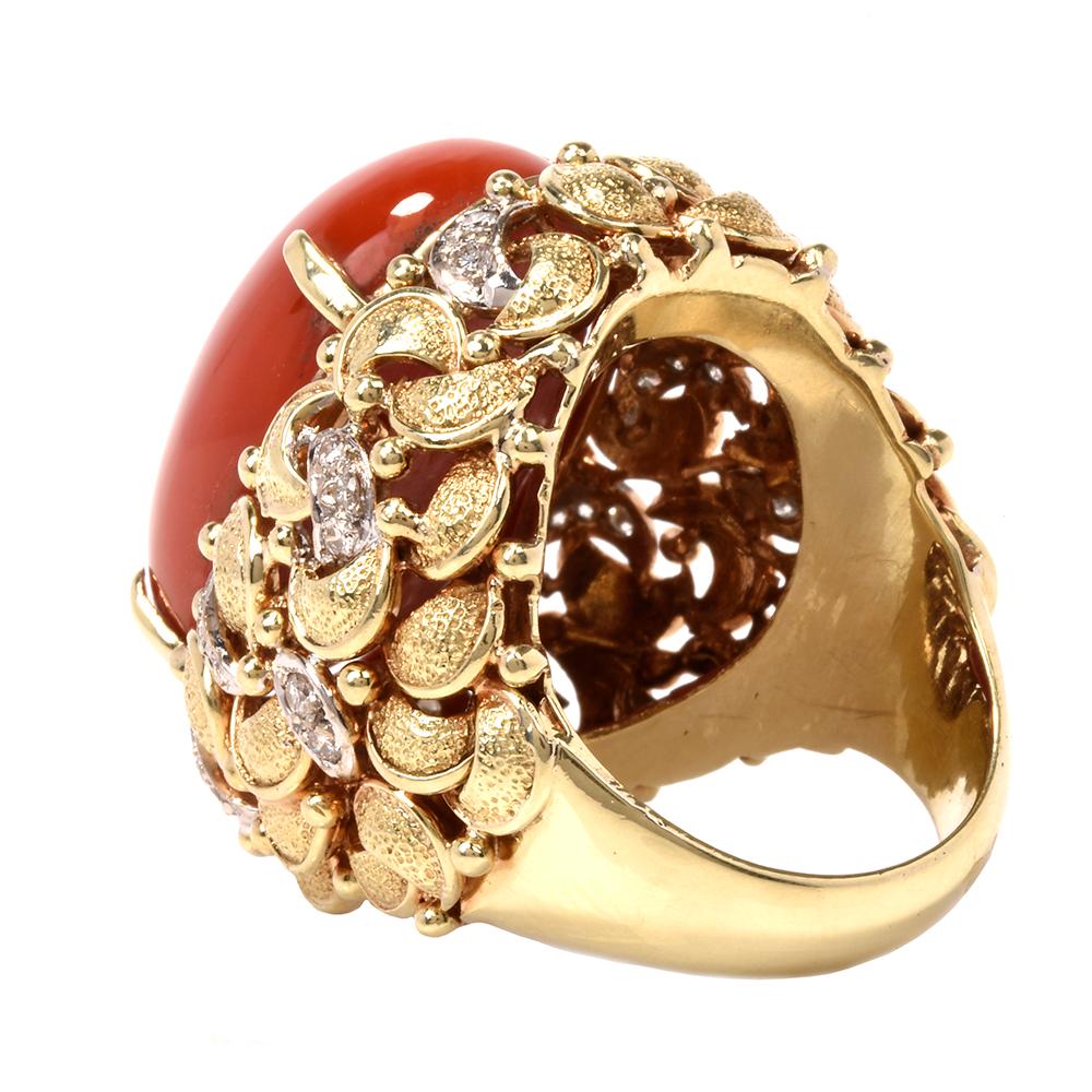 Vintage Natural Coral Diamond Yellow and White Gold Crescent Dome Ring In Excellent Condition In Miami, FL