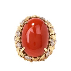 Vintage Natural Coral Diamond Yellow and White Gold Crescent Dome Ring