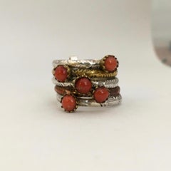 Vintage Natural Coral Harem Ring Silver Brass Copper Five-Band Stack