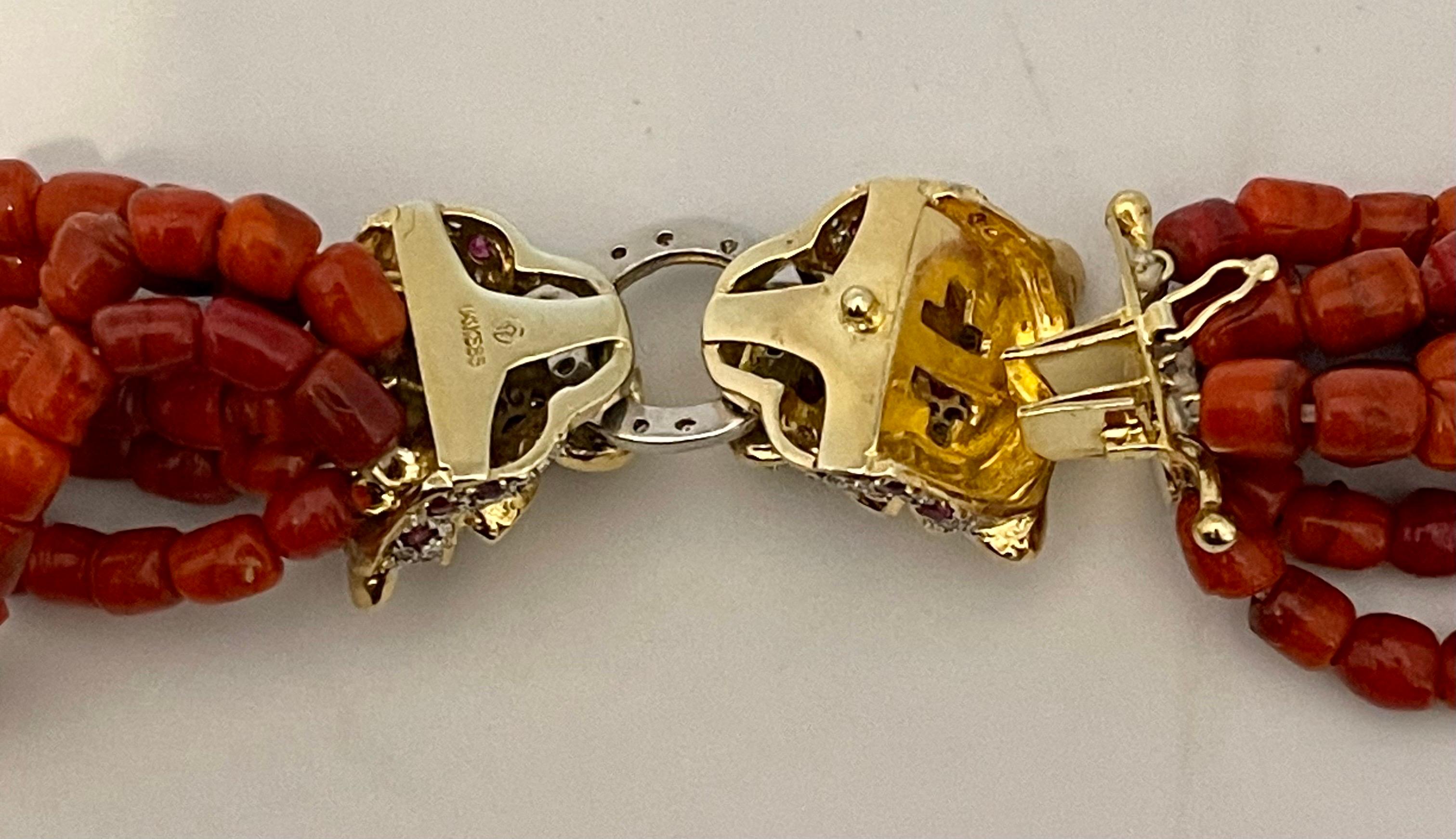 Vintage Natürliche Koralle Mehrschichtige Perlenkette 14 KY Gold, Diamant & Rubin Verschluss, Vintage im Angebot 8