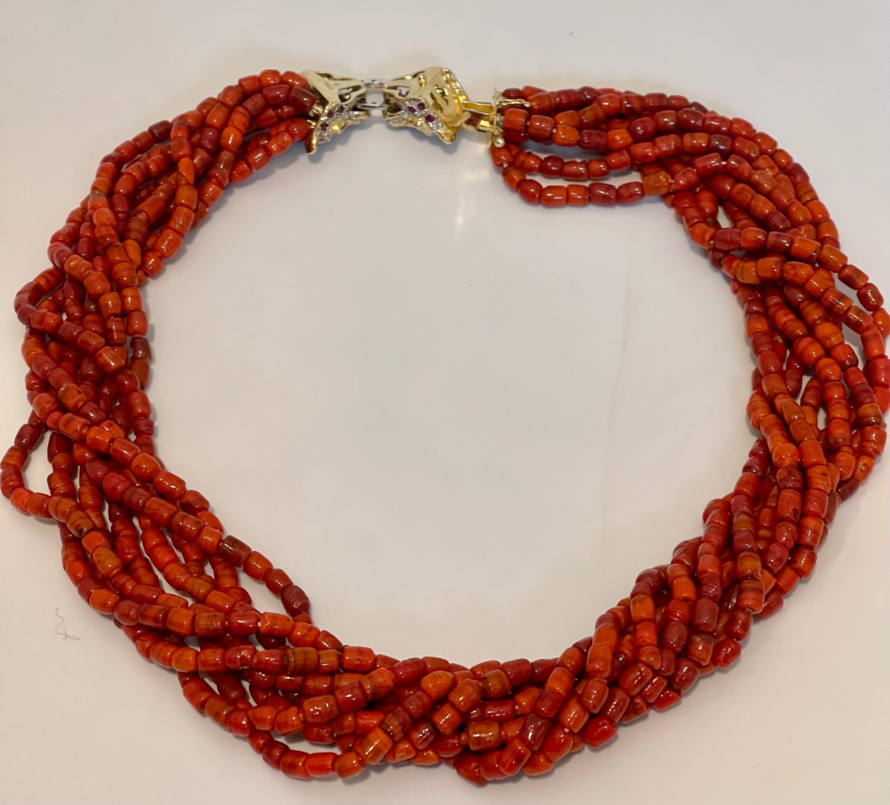 Vintage Natural Coral Multi Layer Bead Necklace 14 KY Gold, Diamond & Ruby Clasp For Sale 9