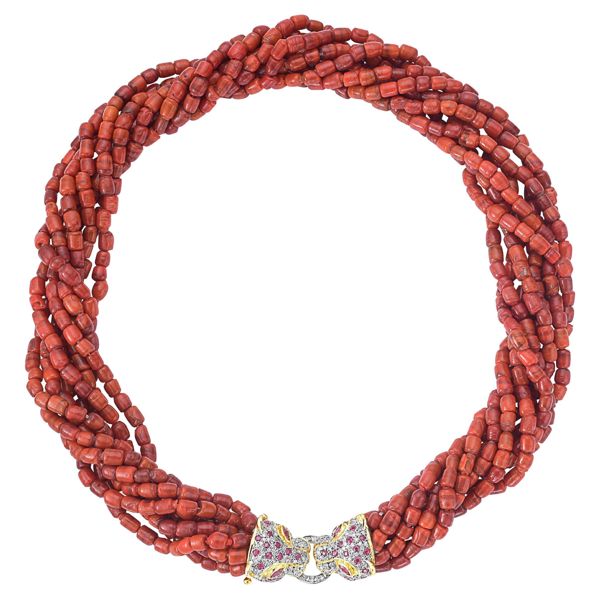 Vintage Natural Coral Multi Layer Bead Necklace 14 KY Gold, Diamond & Ruby Clasp For Sale 12