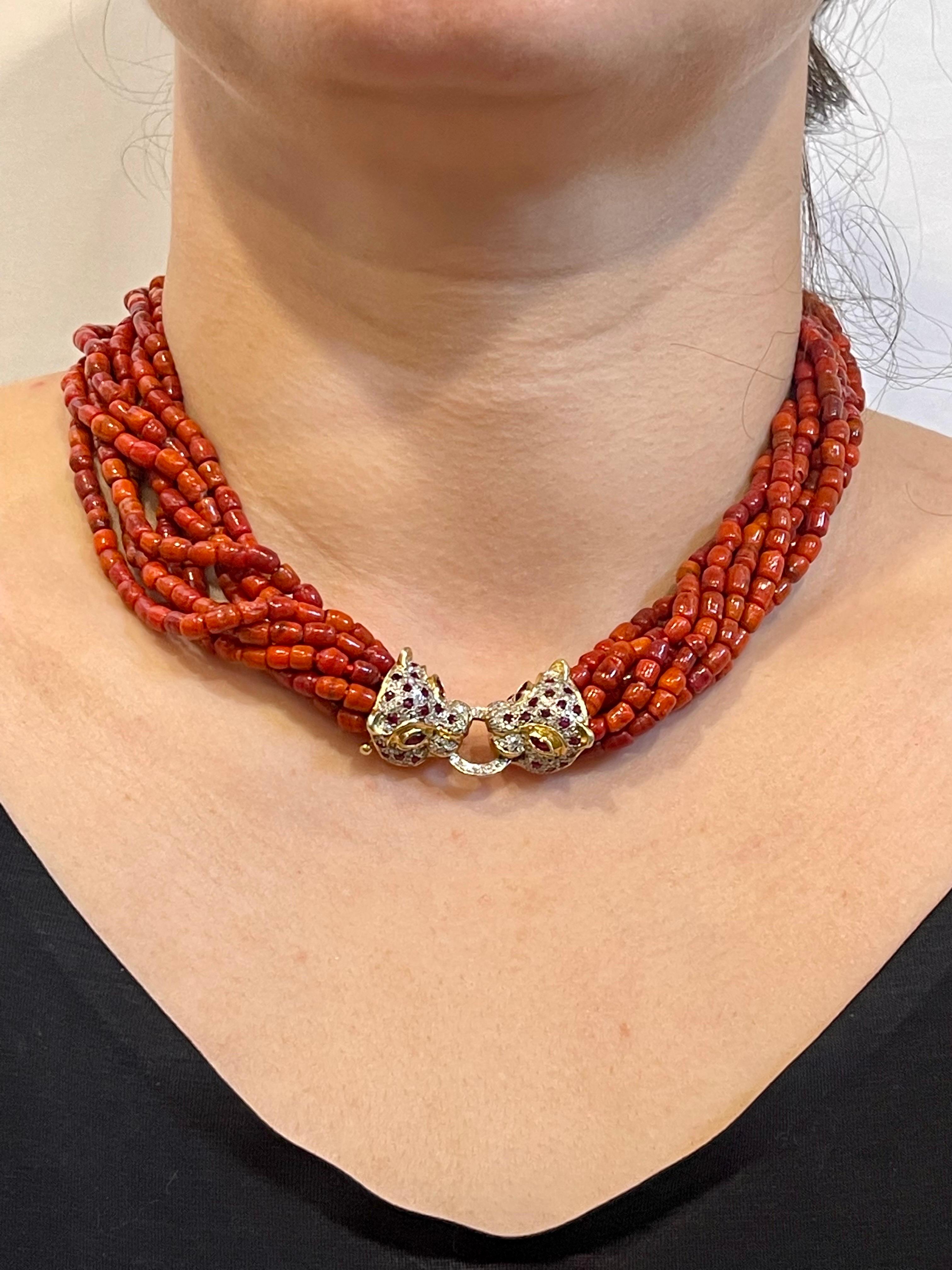 Vintage Natural Coral Multi Layer Bead Necklace 14 KY Gold, Diamond & Ruby Clasp For Sale 13