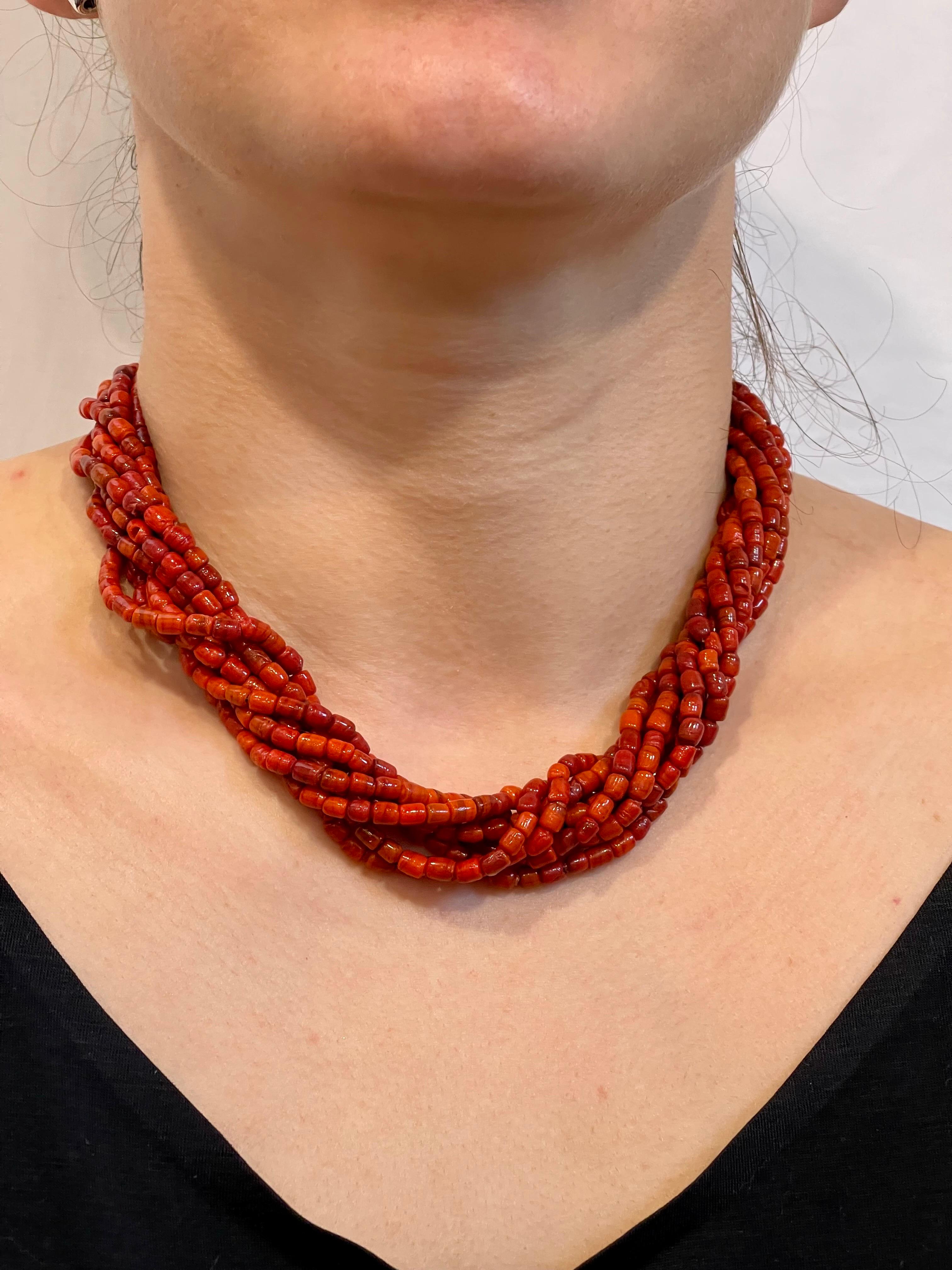 Vintage Natural Coral Multi Layer Bead Necklace 14 KY Gold, Diamond & Ruby Clasp For Sale 14