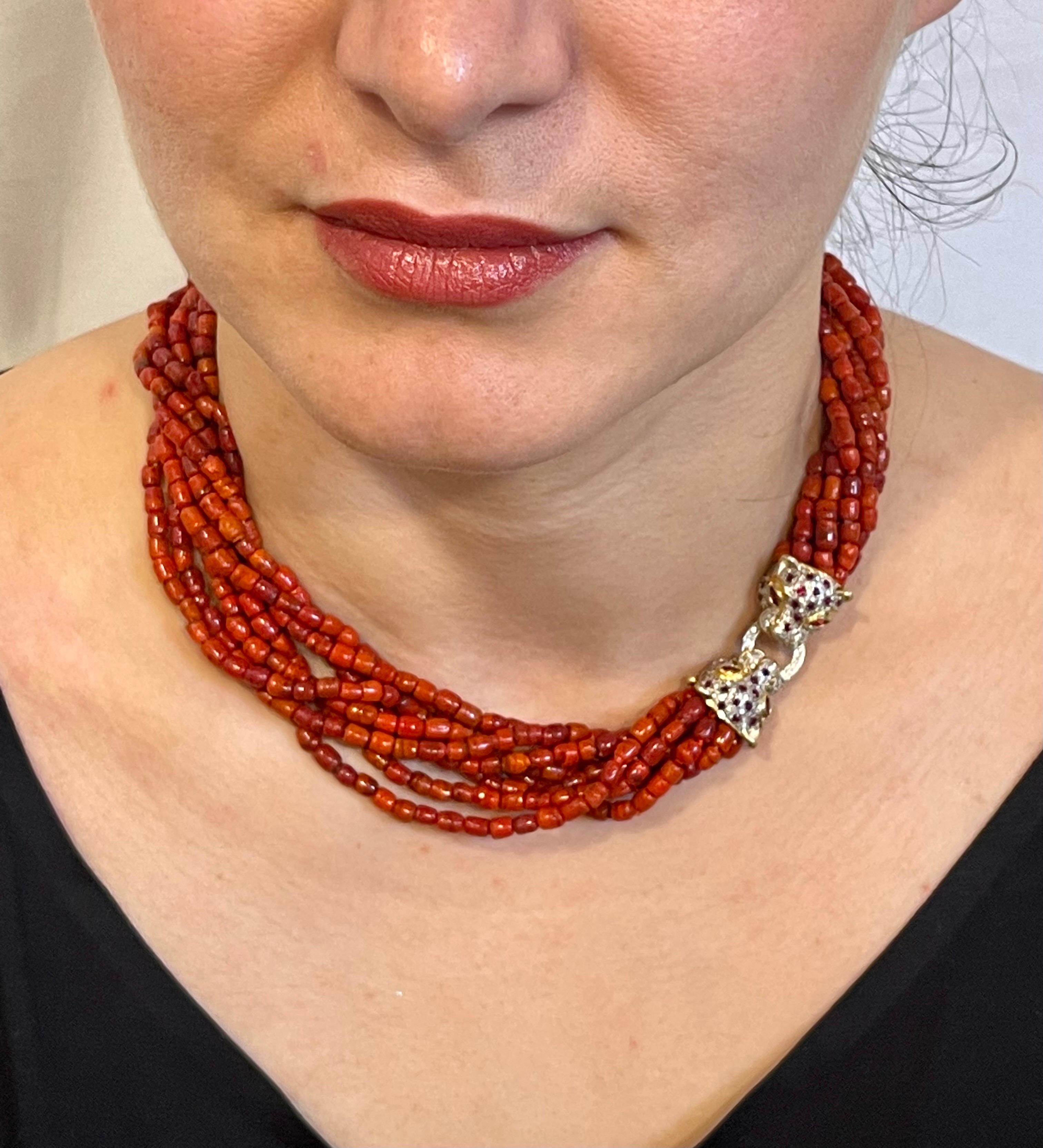 Vintage Natural Coral Multi Layer Bead Necklace 14 KY Gold, Diamond & Ruby Clasp For Sale 15
