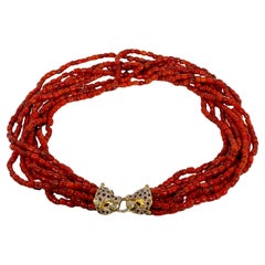 Vintage Natural Coral Multi Layer Bead Necklace 14 KY Gold, Diamond & Ruby Clasp