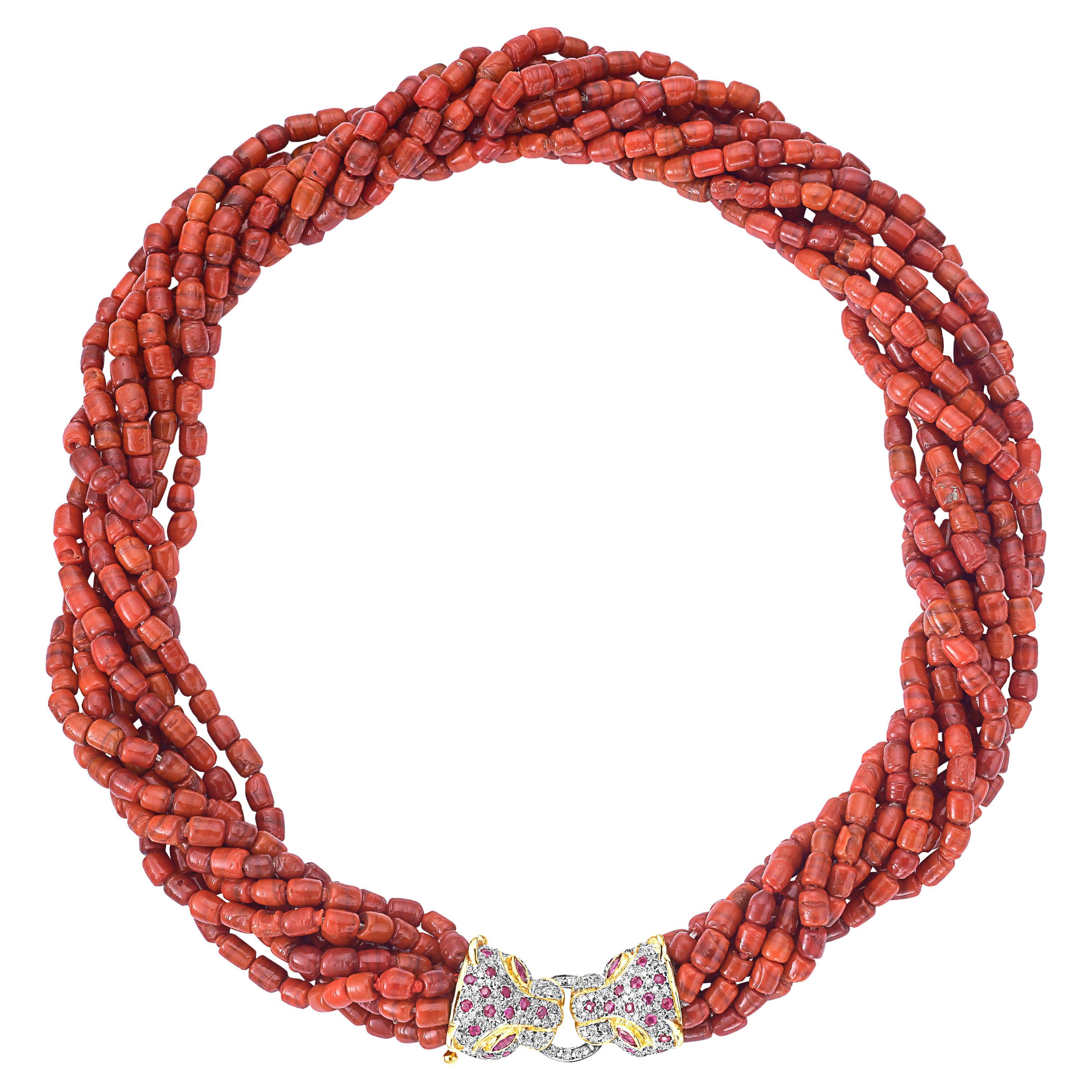 Vintage Natural Coral Multi Layer Bead Necklace 14 KY Gold, Diamond & Ruby Clasp In Excellent Condition For Sale In New York, NY