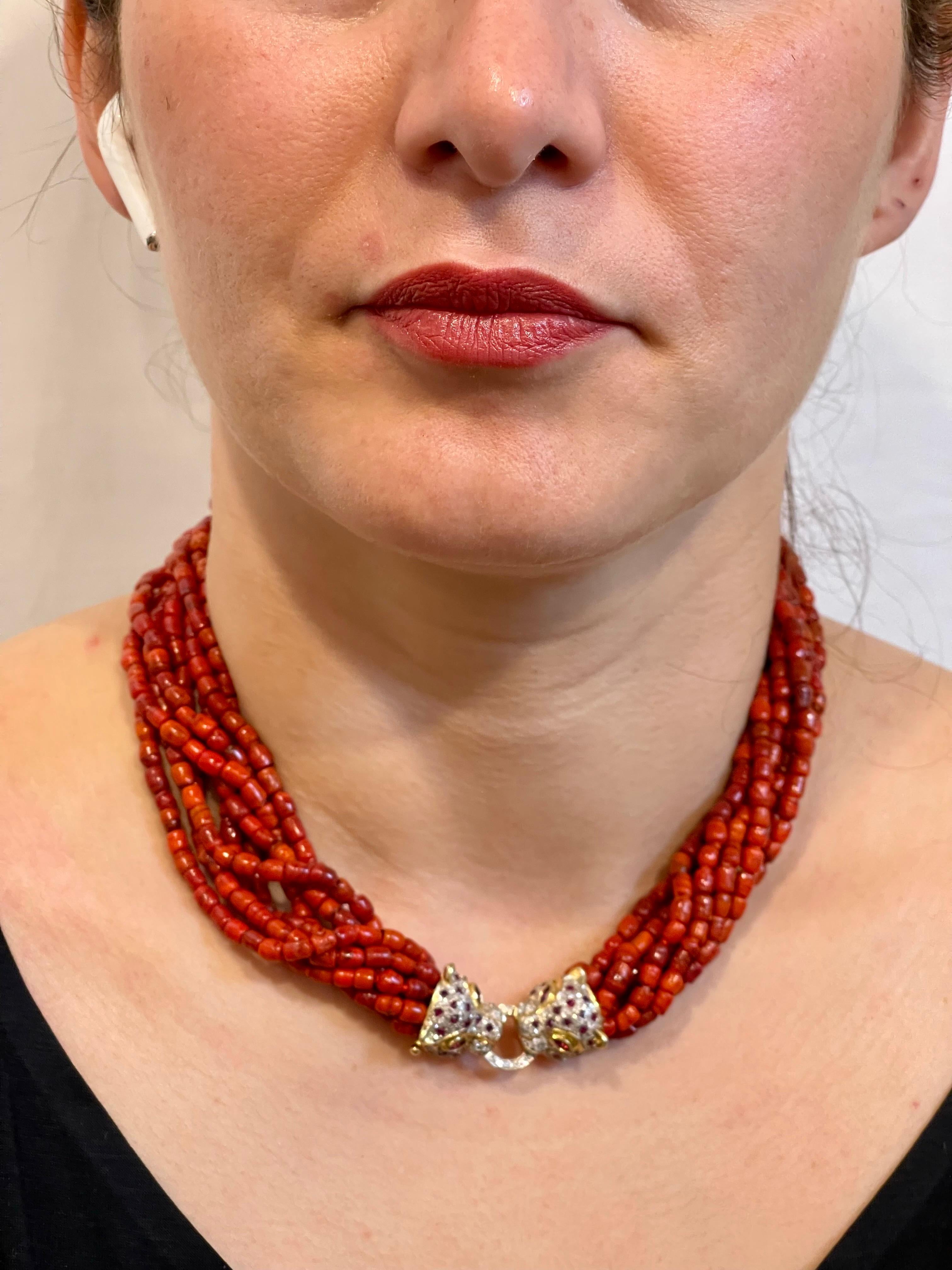 Women's Vintage Natural Coral Multi Layer Bead Necklace 14 KY Gold, Diamond & Ruby Clasp For Sale