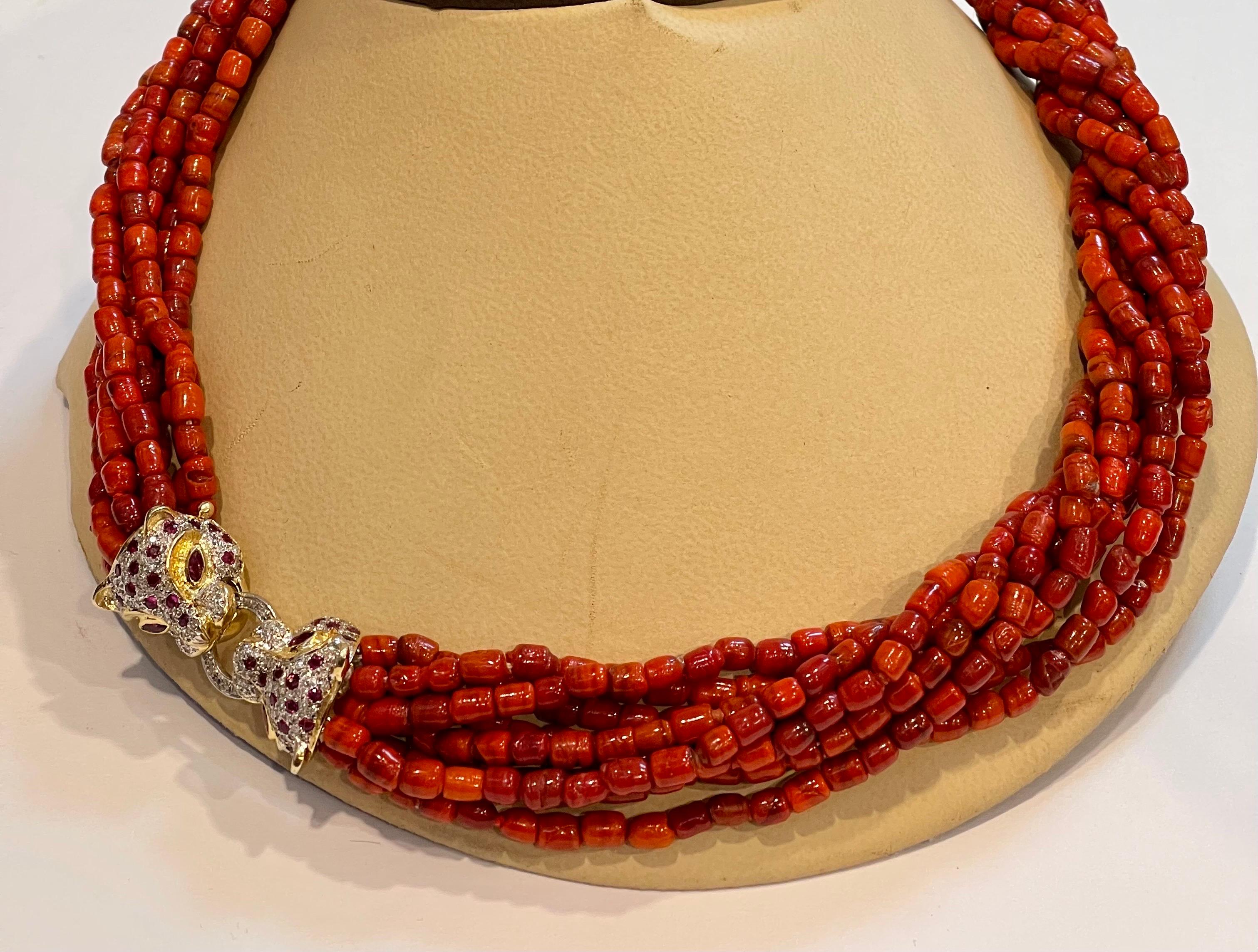 Vintage Natural Coral Multi Layer Bead Necklace 14 KY Gold, Diamond & Ruby Clasp For Sale 1
