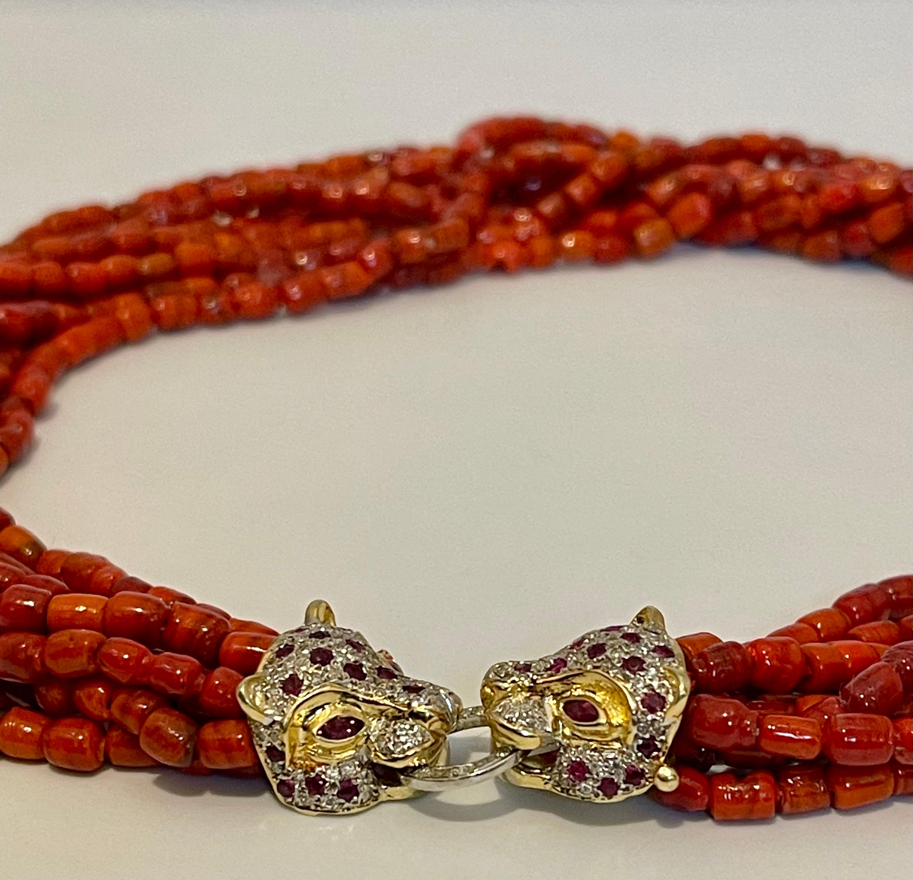 Vintage Natural Coral Multi Layer Bead Necklace 14 KY Gold, Diamond & Ruby Clasp For Sale 3