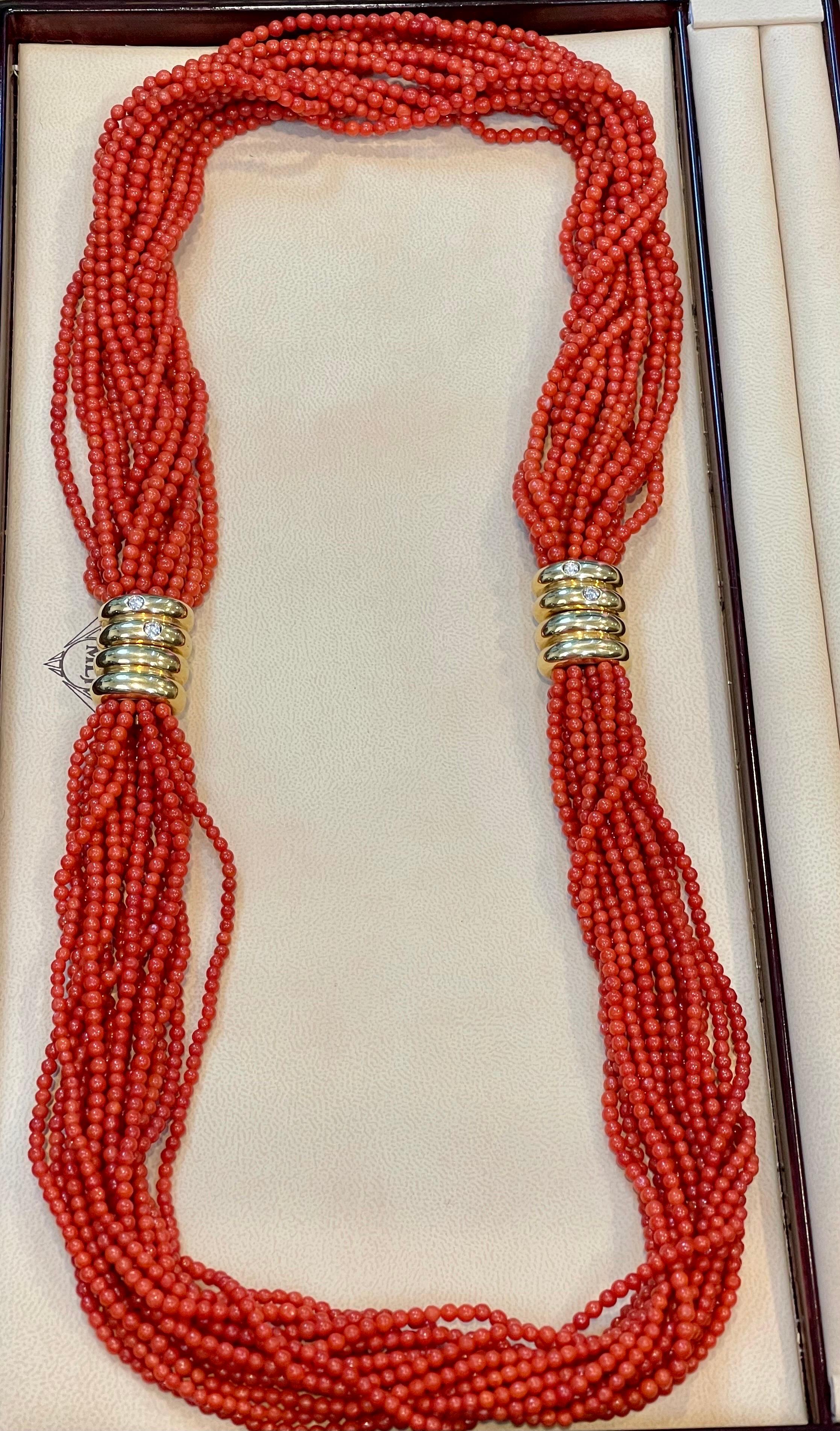 Vintage zwei Halsketten, natürliche Koralle, mehrreihige Perlen, 16 Stränge 18 KY Gold im Angebot 13
