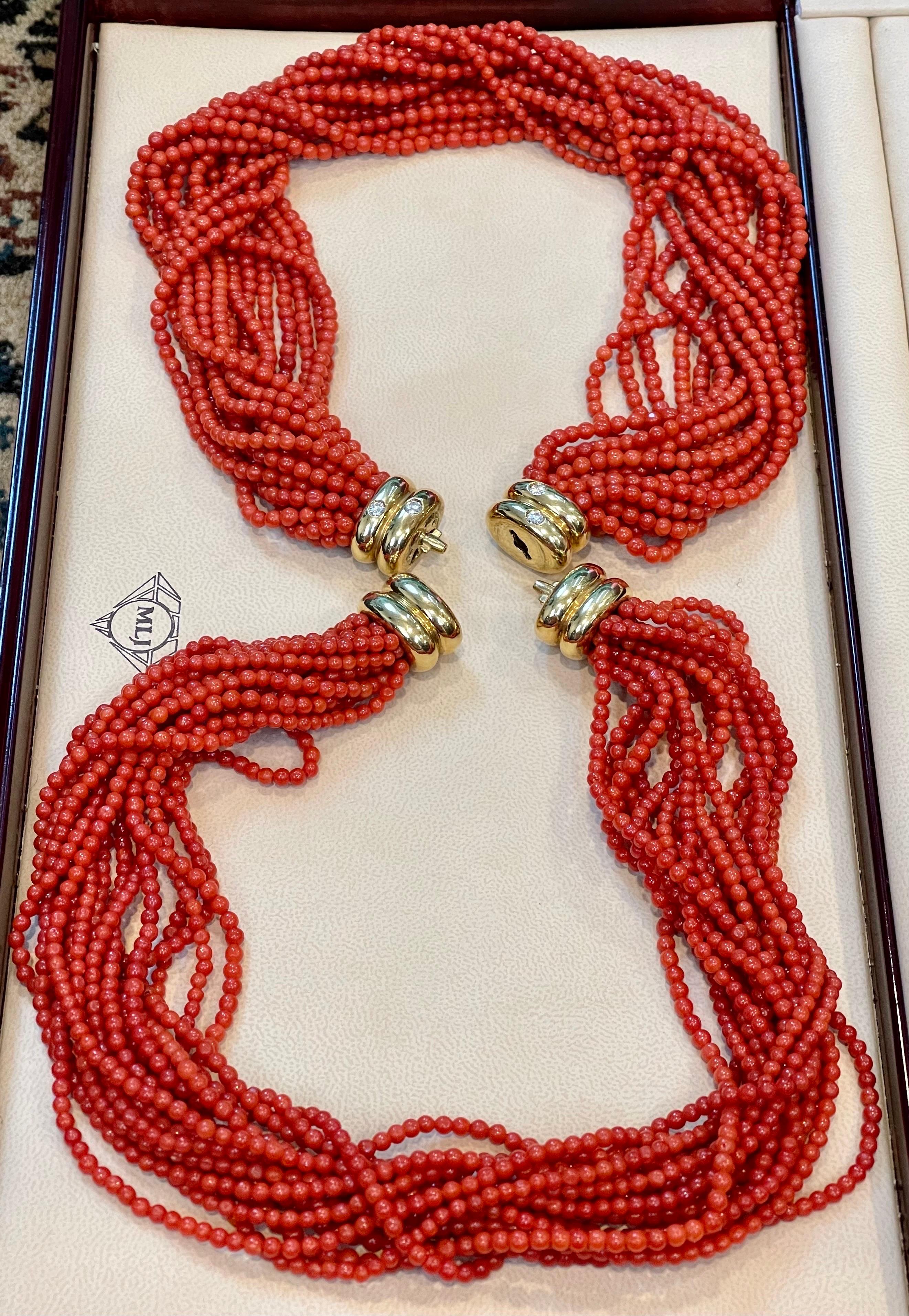 Vintage Natural Coral Multi Layer Beads 16 Strand Two Necklaces 18 KY Gold For Sale 11