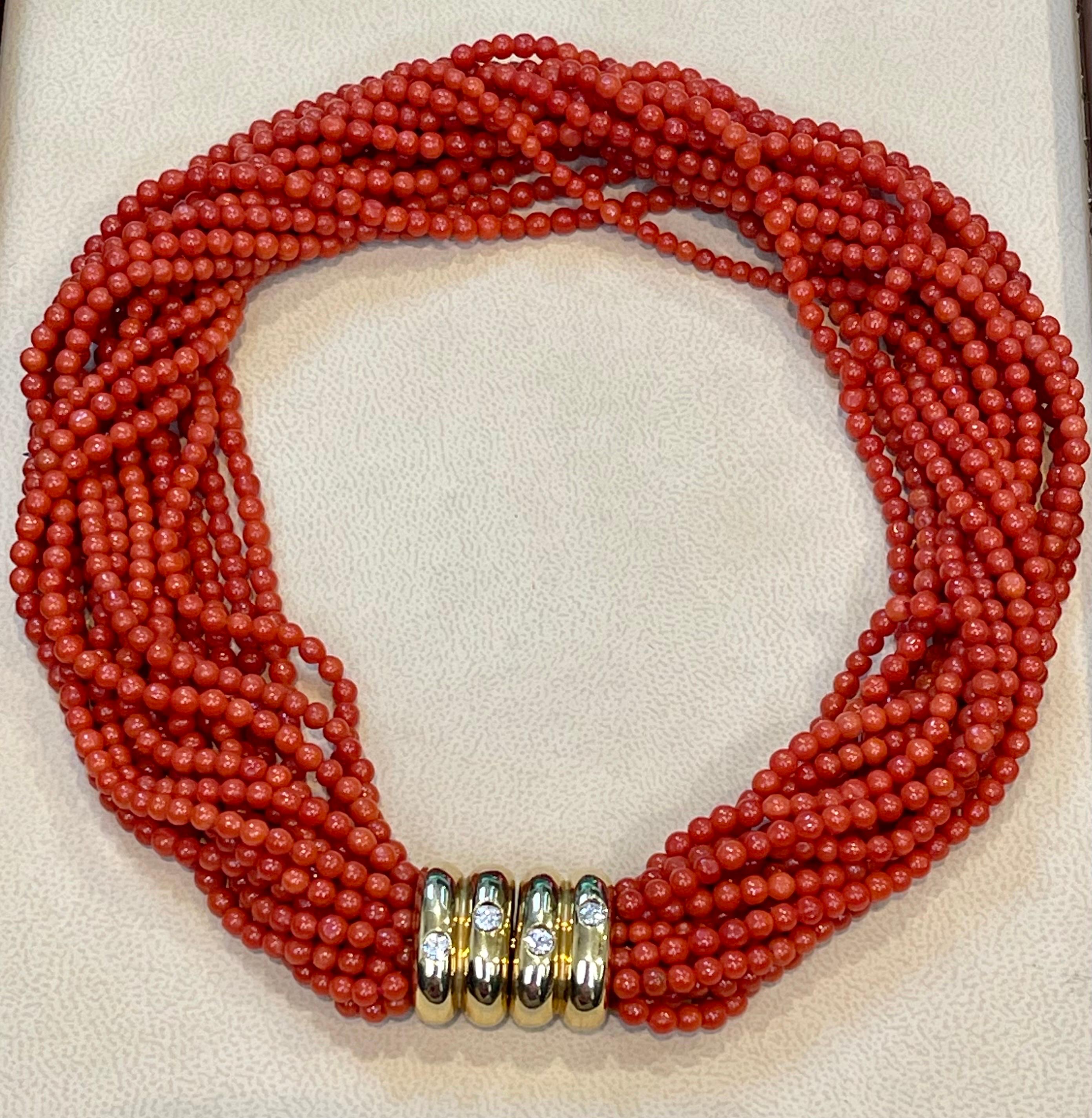 Vintage zwei Halsketten, natürliche Koralle, mehrreihige Perlen, 16 Stränge 18 KY Gold im Angebot 15