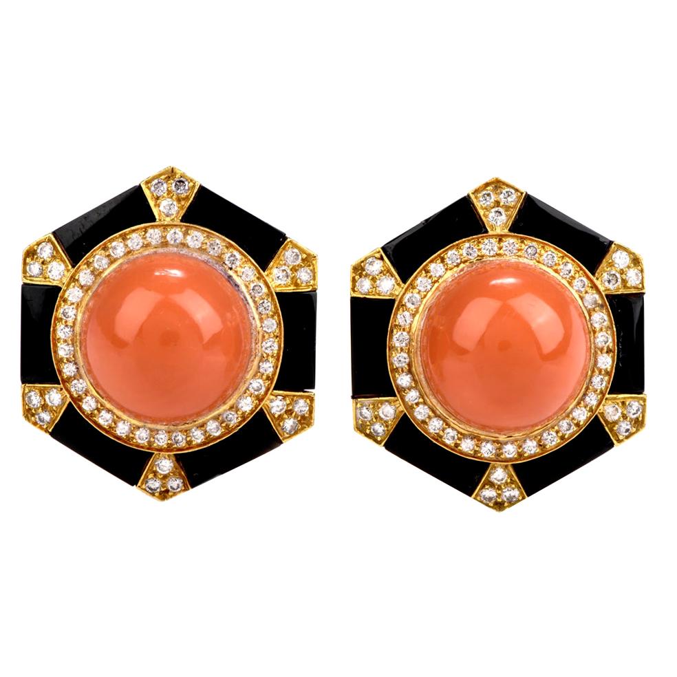 Vintage Natural Coral Onyx Diamond 18 Karat Gold Clip-On Earrings at ...