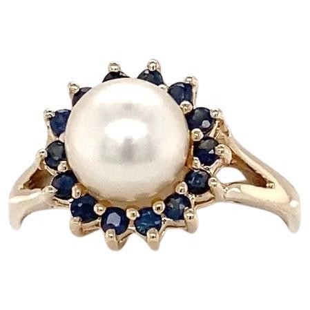 Vintage Natural Cultured Pearl and Sapphire Yellow Gold Halo Style Ring