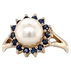 Vintage Natural Cultured Pearl and Sapphire Yellow Gold Halo Style Ring