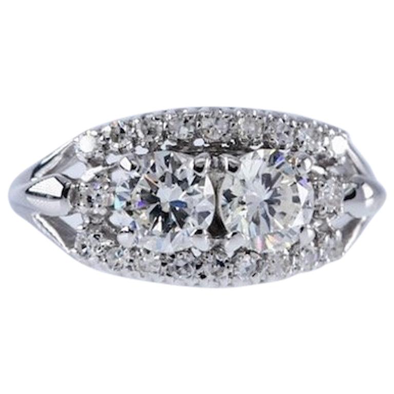 Vintage Natural Diamond Double Center Stone 1.52 CTW White Gold 14 Karat Ring For Sale