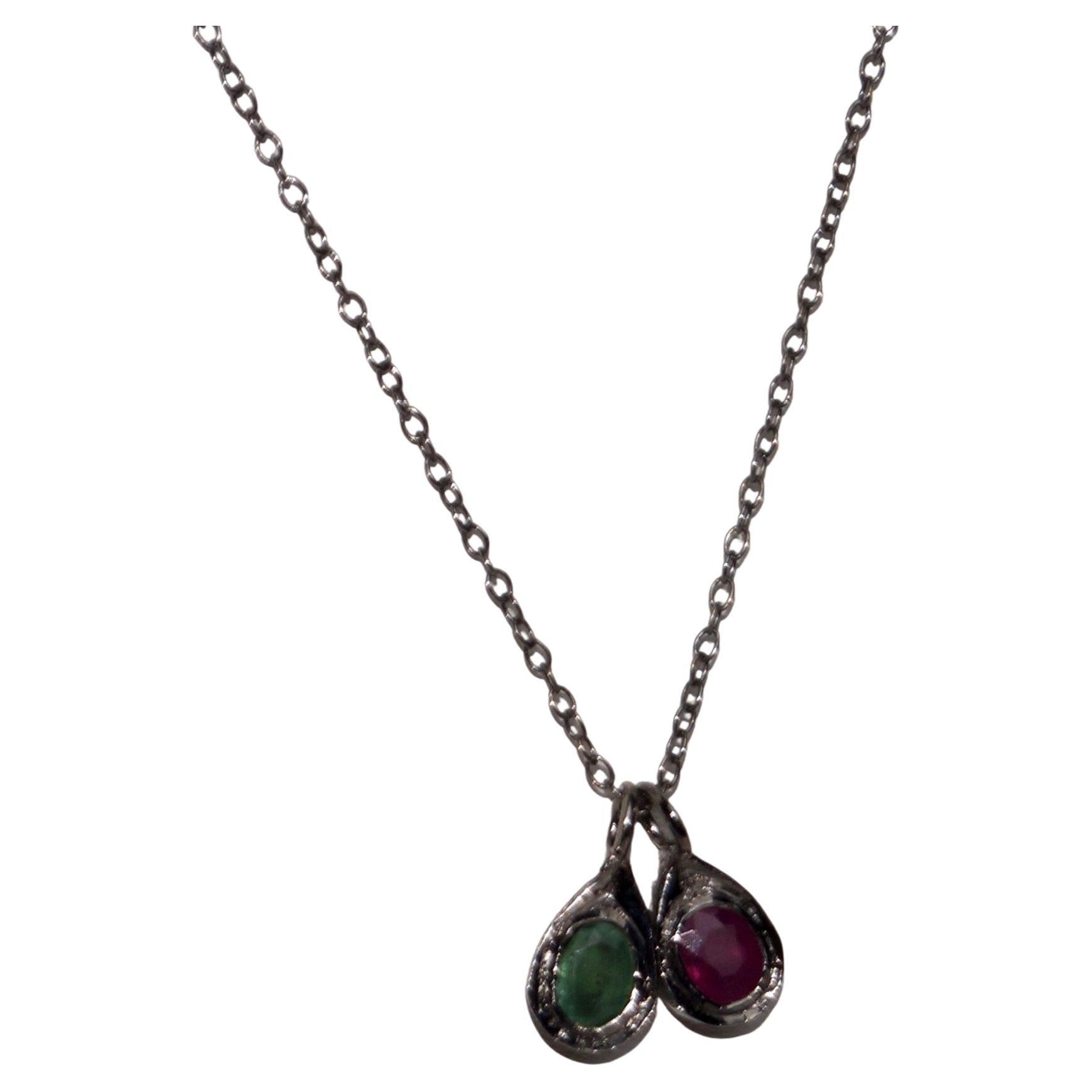 Vintage Natural Diamond Ruby Anhänger Halskette Hallmark Sterling Silver im Angebot