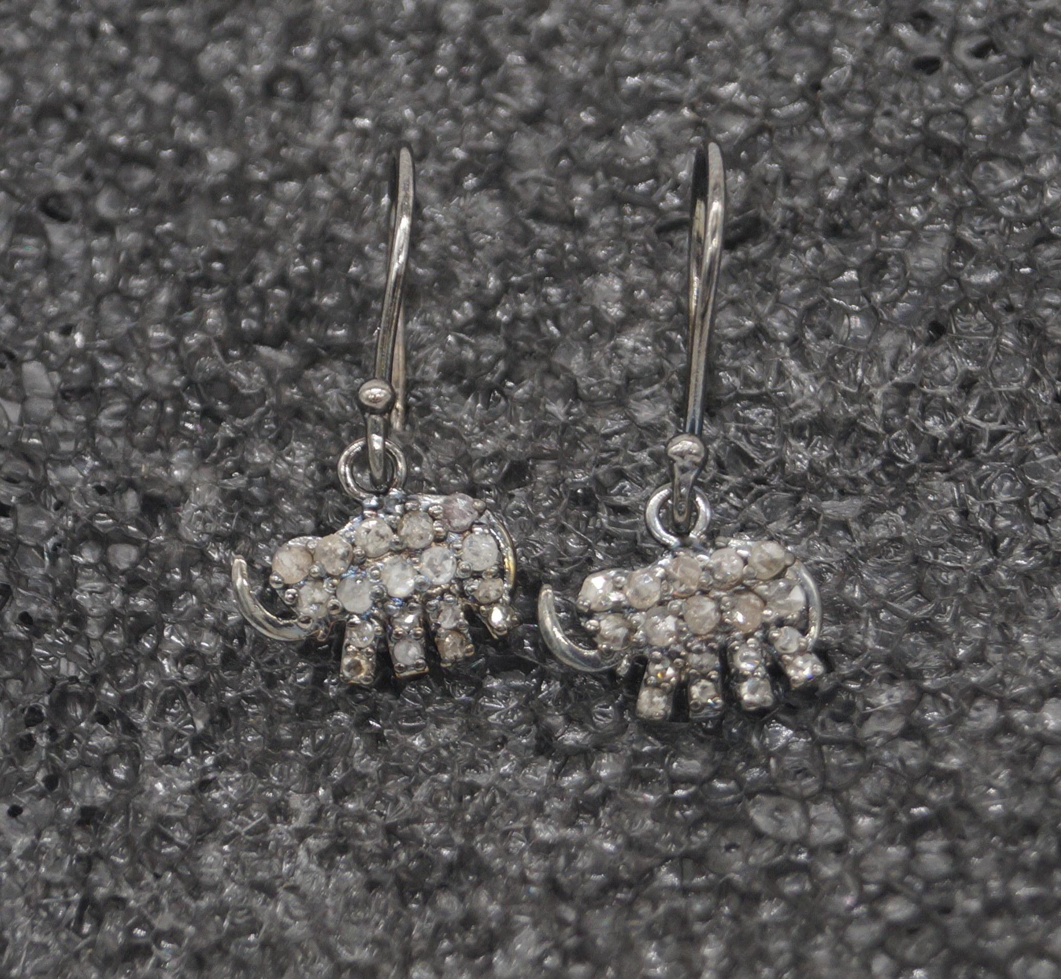 Vintage Natural diamonds elephant sterling silver wire post dangler earrings For Sale 4