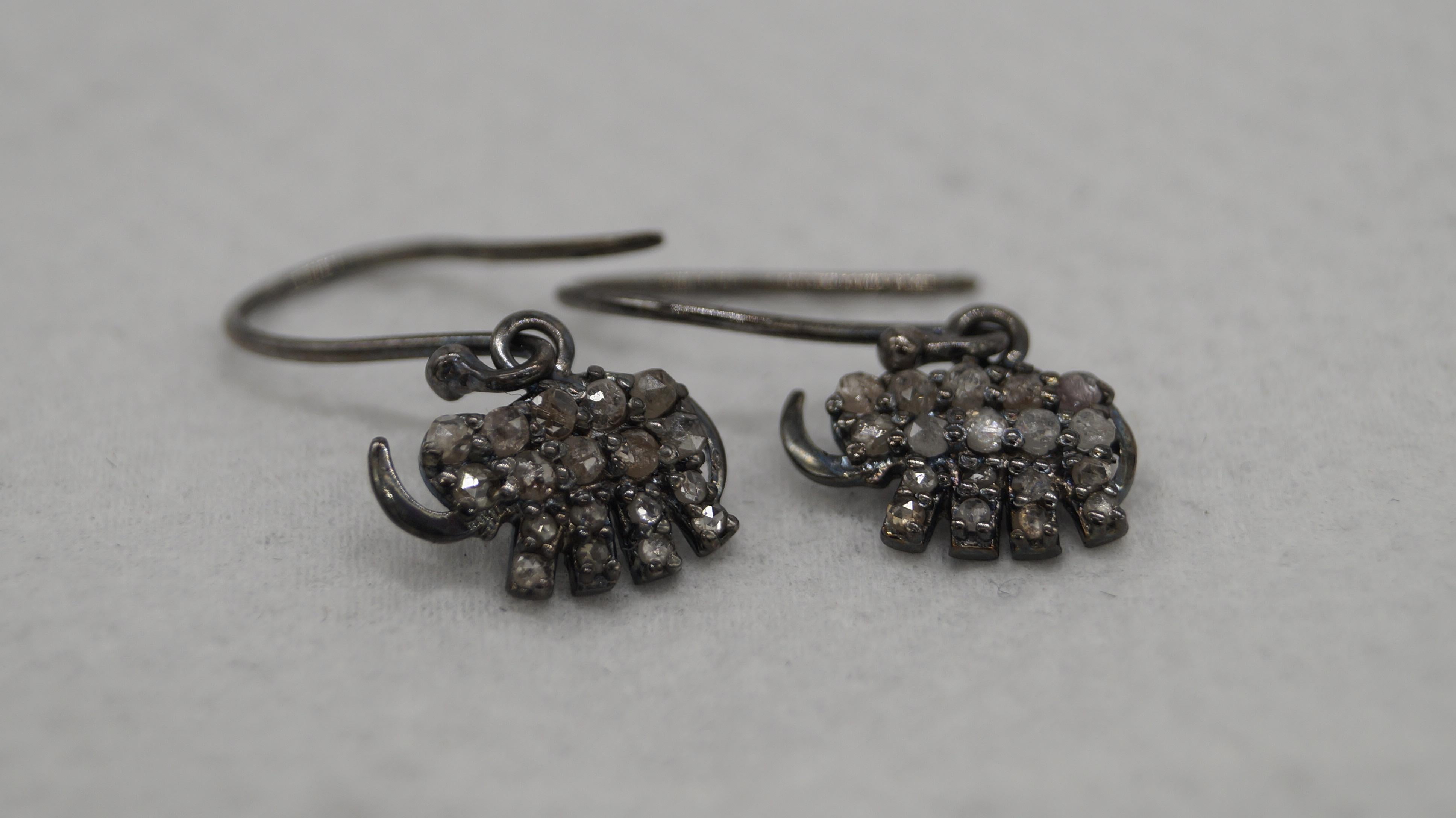 Artisan Vintage Natural diamonds elephant sterling silver wire post dangler earrings For Sale