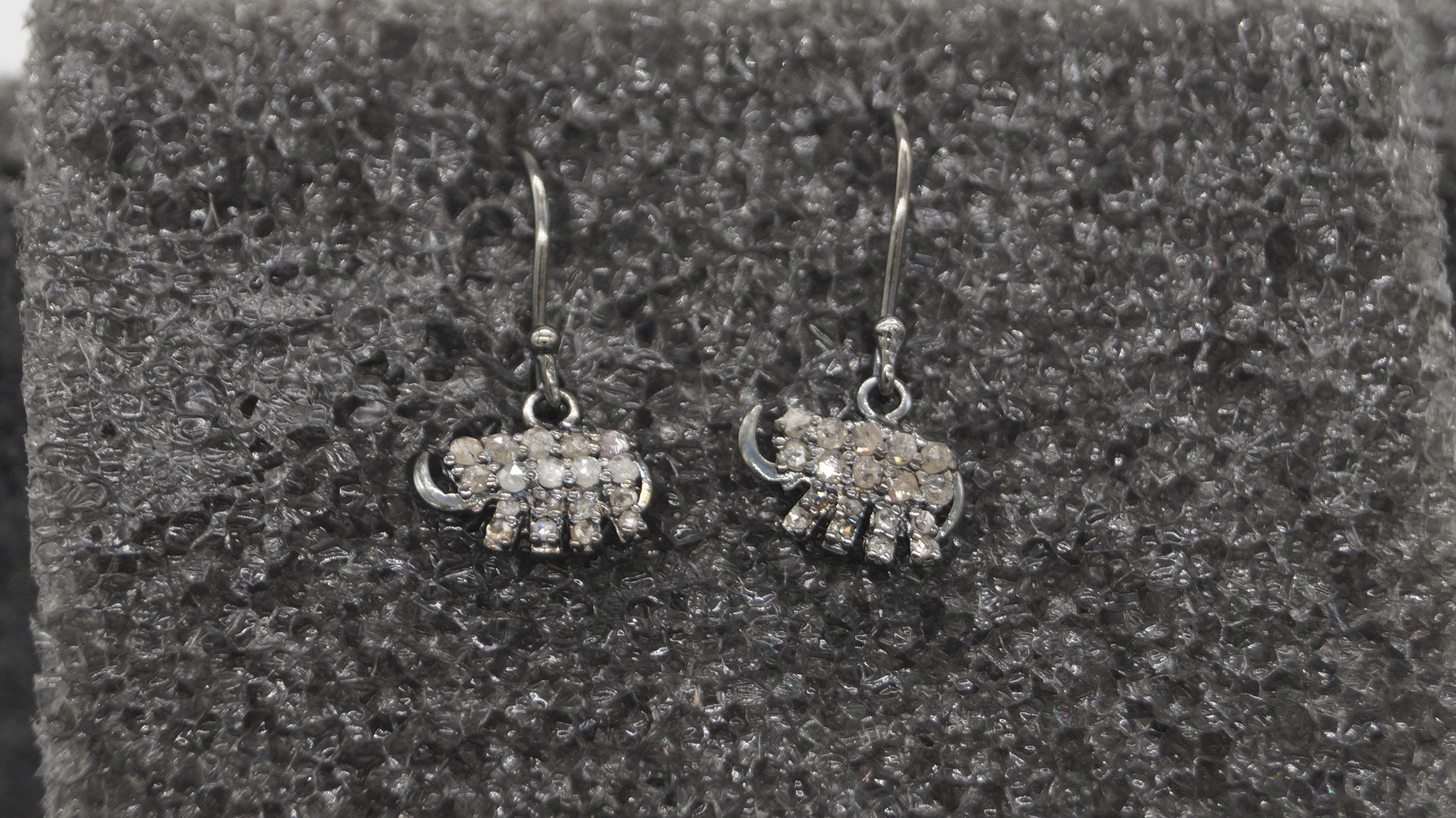 Mixed Cut Vintage Natural diamonds elephant sterling silver wire post dangler earrings For Sale