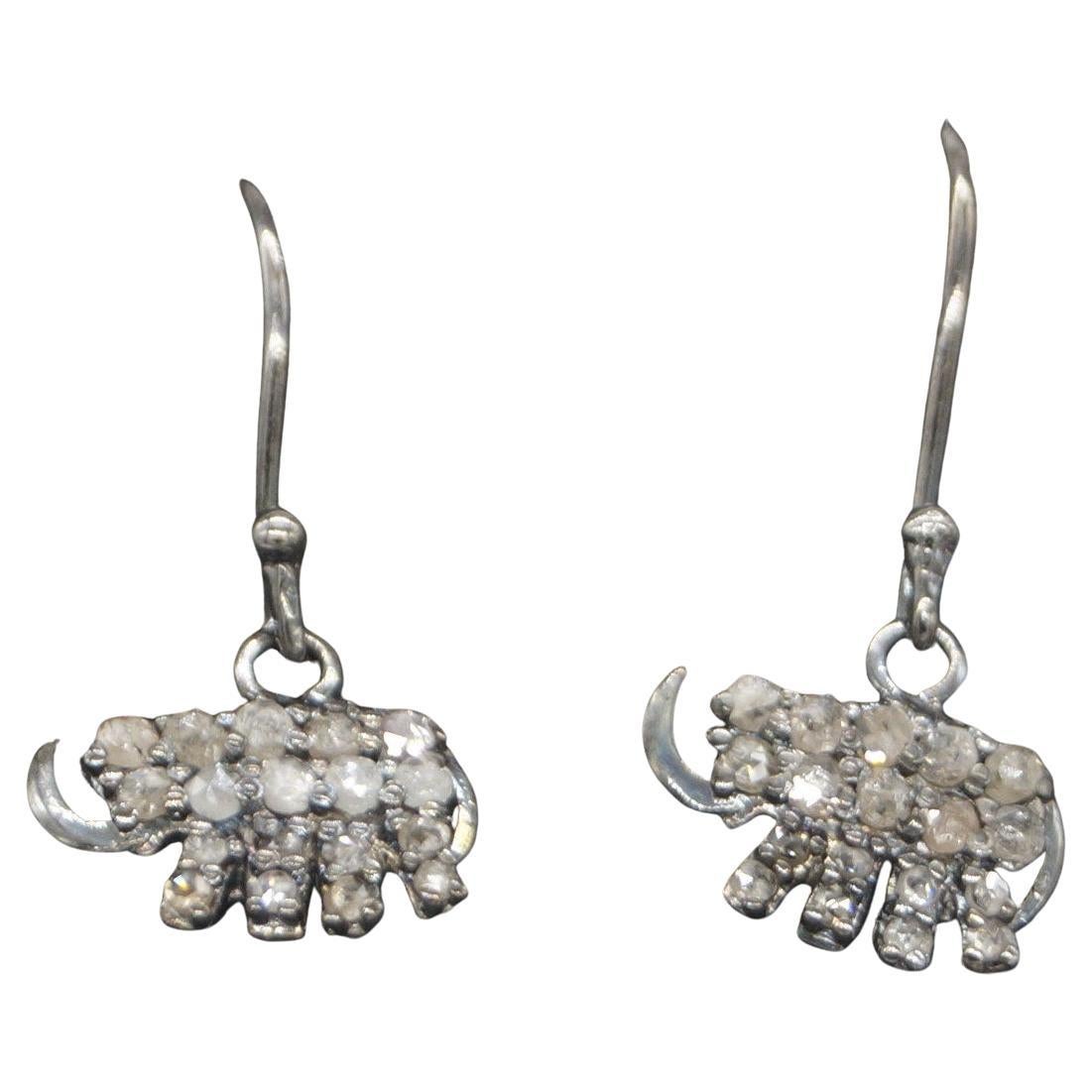Vintage Natural diamonds elephant sterling silver wire post dangler earrings