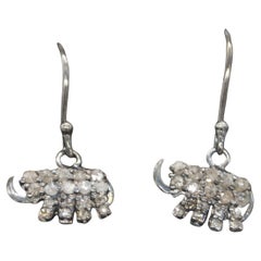 Pendientes colgantes vintage de plata de ley con forma de elefante y diamantes naturales