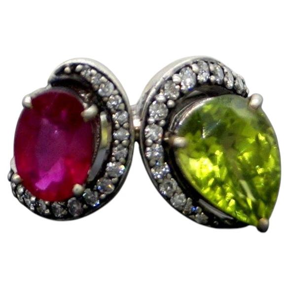 Vintage Natural diamonds ruby peridot sterling silver wedding engagement ring