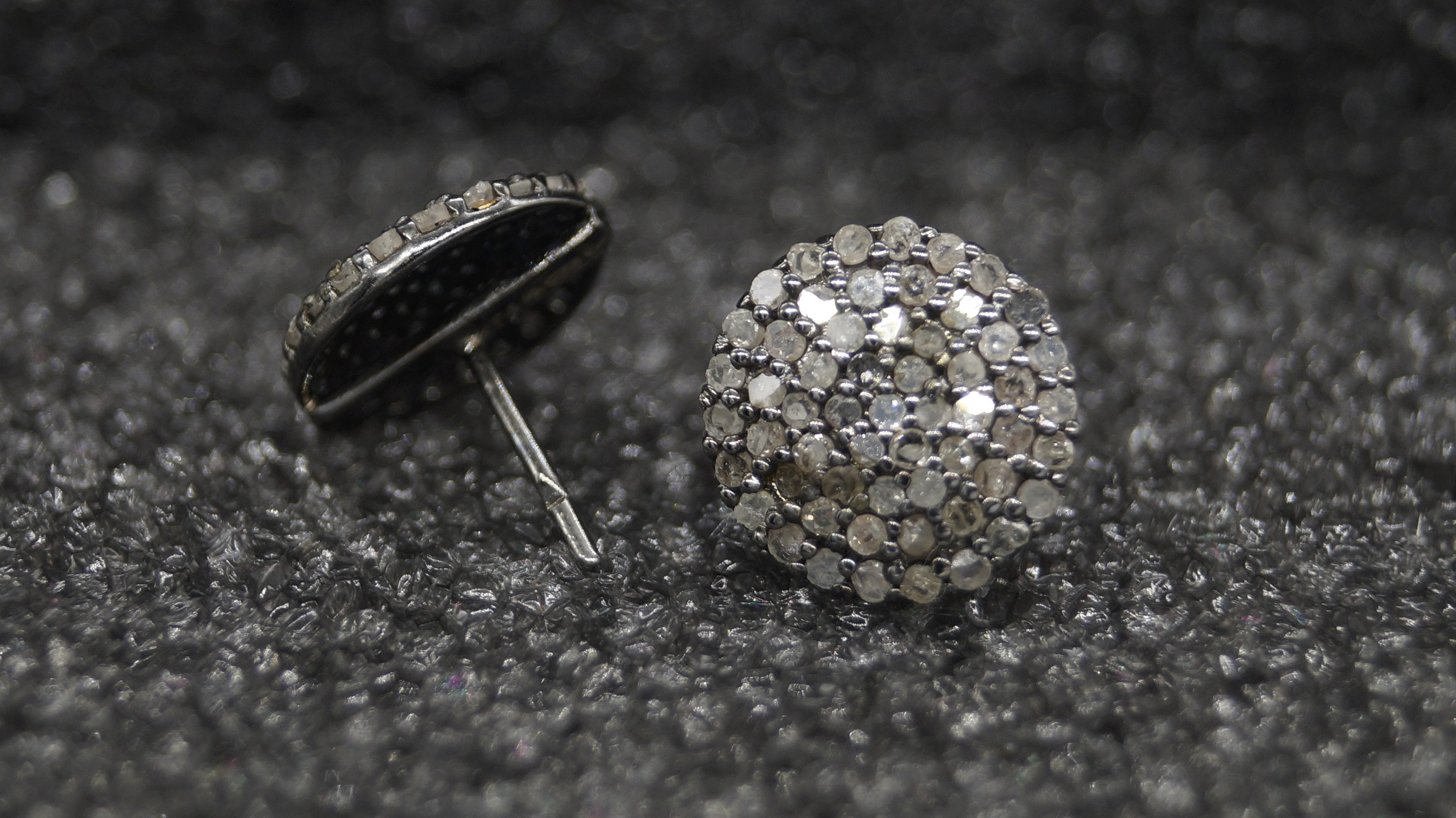 Vintage Natural diamonds salt and pepper disc sterling silver earrings studs For Sale 1