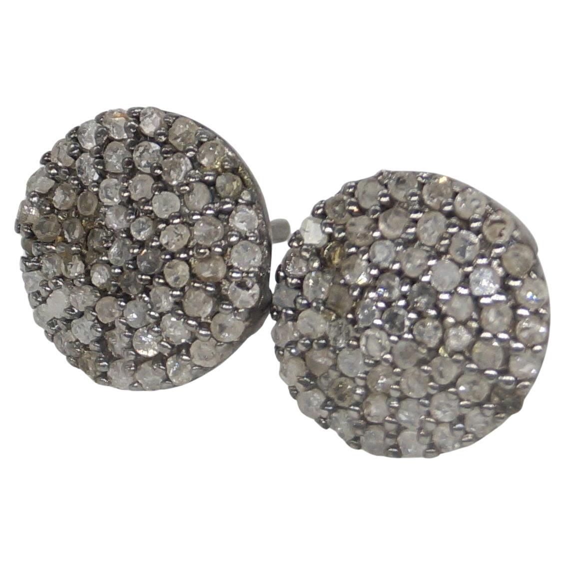 Vintage Natural diamonds salt and pepper disc sterling silver earrings studs For Sale