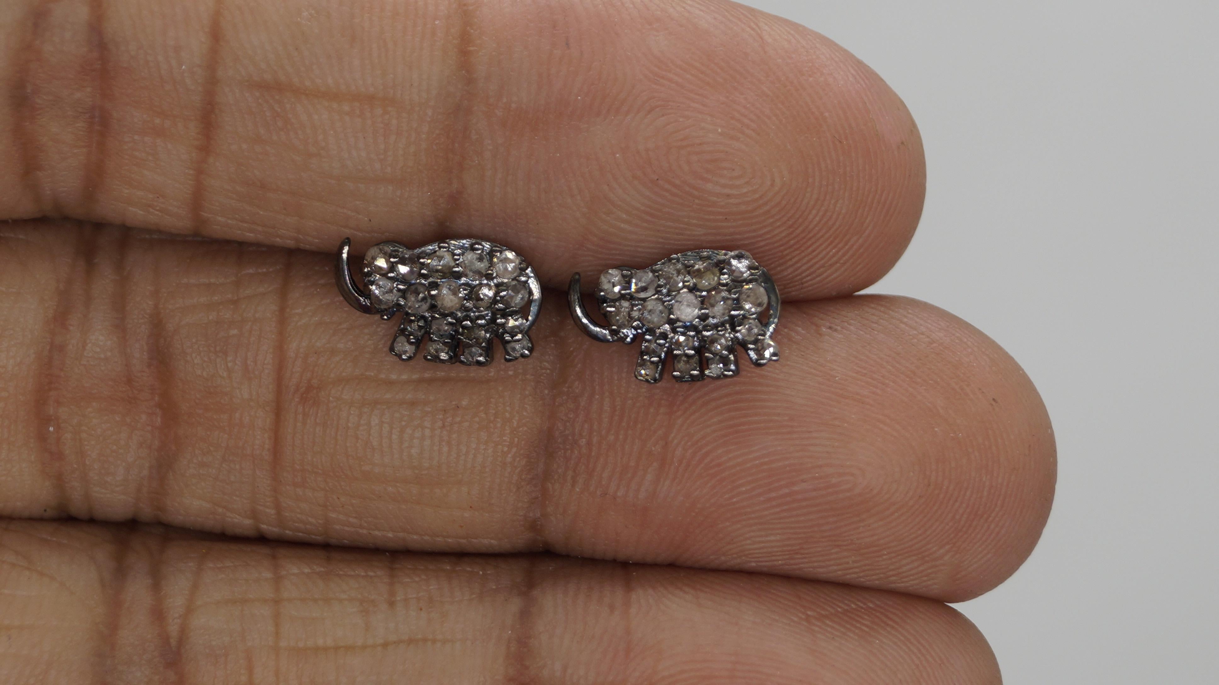 Women's or Men's Vintage Natural diamonds salt and pepper elephant sterling silver earrings studs For Sale