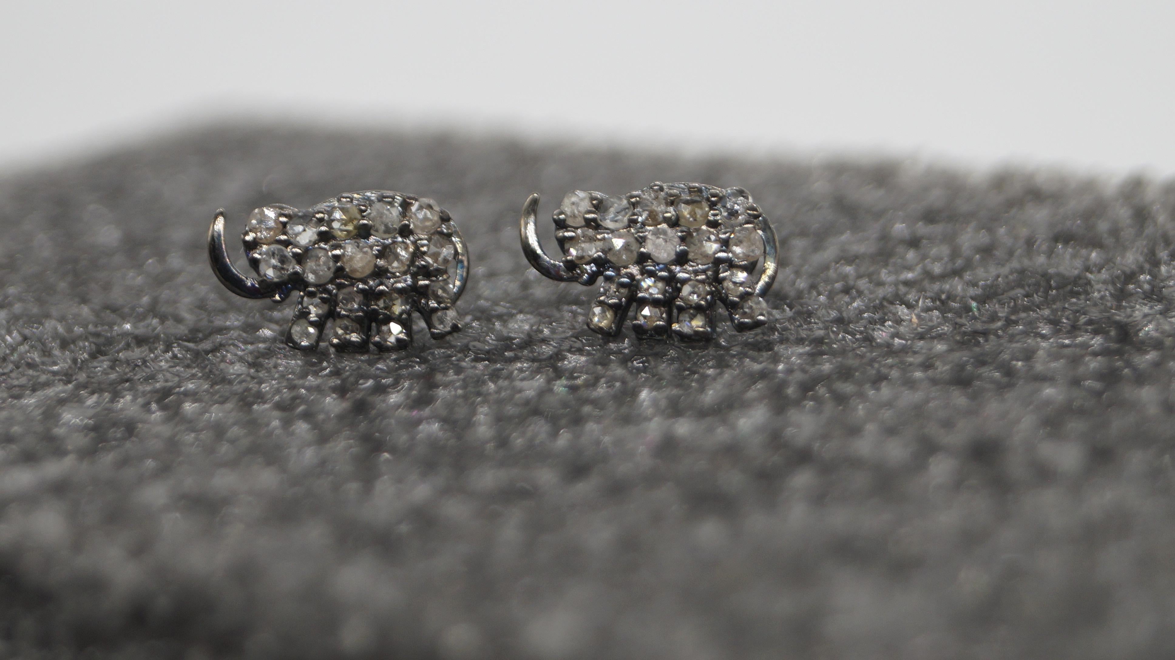 Vintage Natural diamonds salt and pepper elephant sterling silver earrings studs
