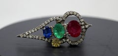 Vintage Natural diamonds sterling silver emerald ruby yellow, blue sapphire ring