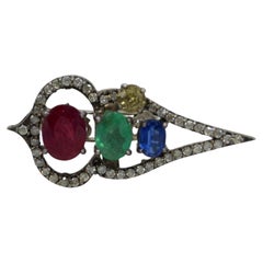 Vintage Natural diamonds sterling silver emerald ruby yellow, blue sapphire ring