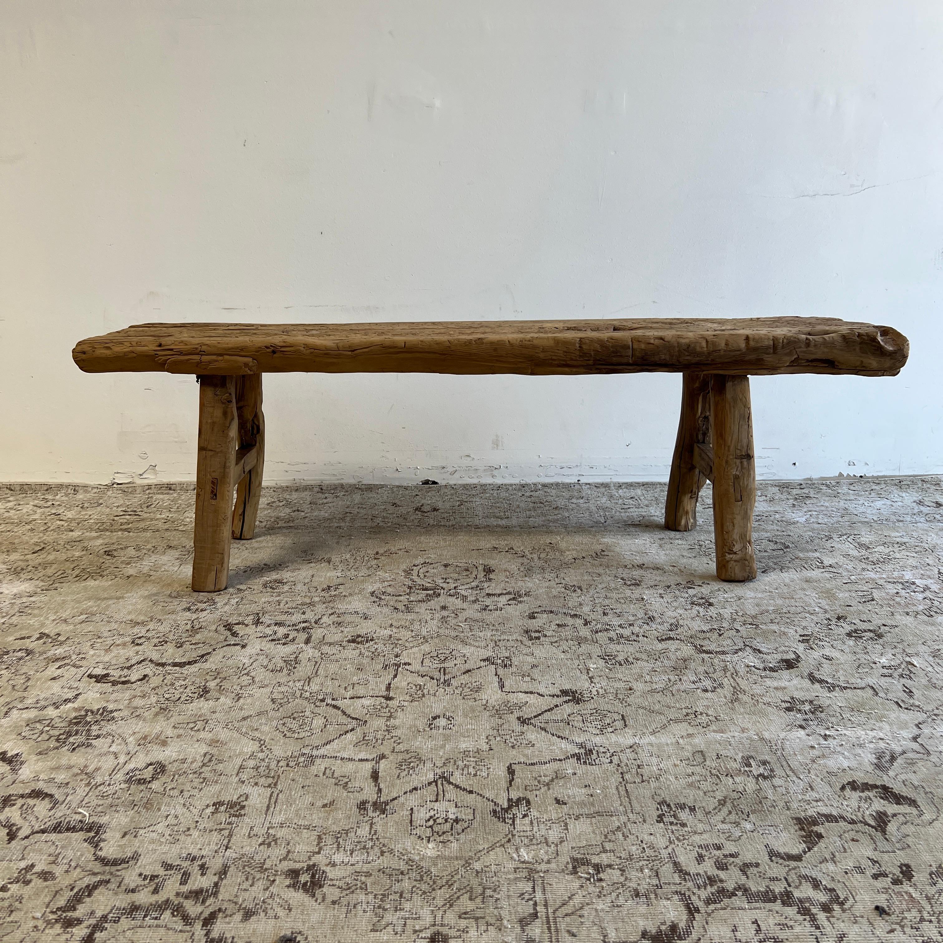 Vintage antique Elm wood bench or coffee table.
Unique thick elm wood top, with natural age and patina.
These are the real vintage antique elm wood benches! Beautiful antique patina, with weathering and age, these are solid and sturdy ready for