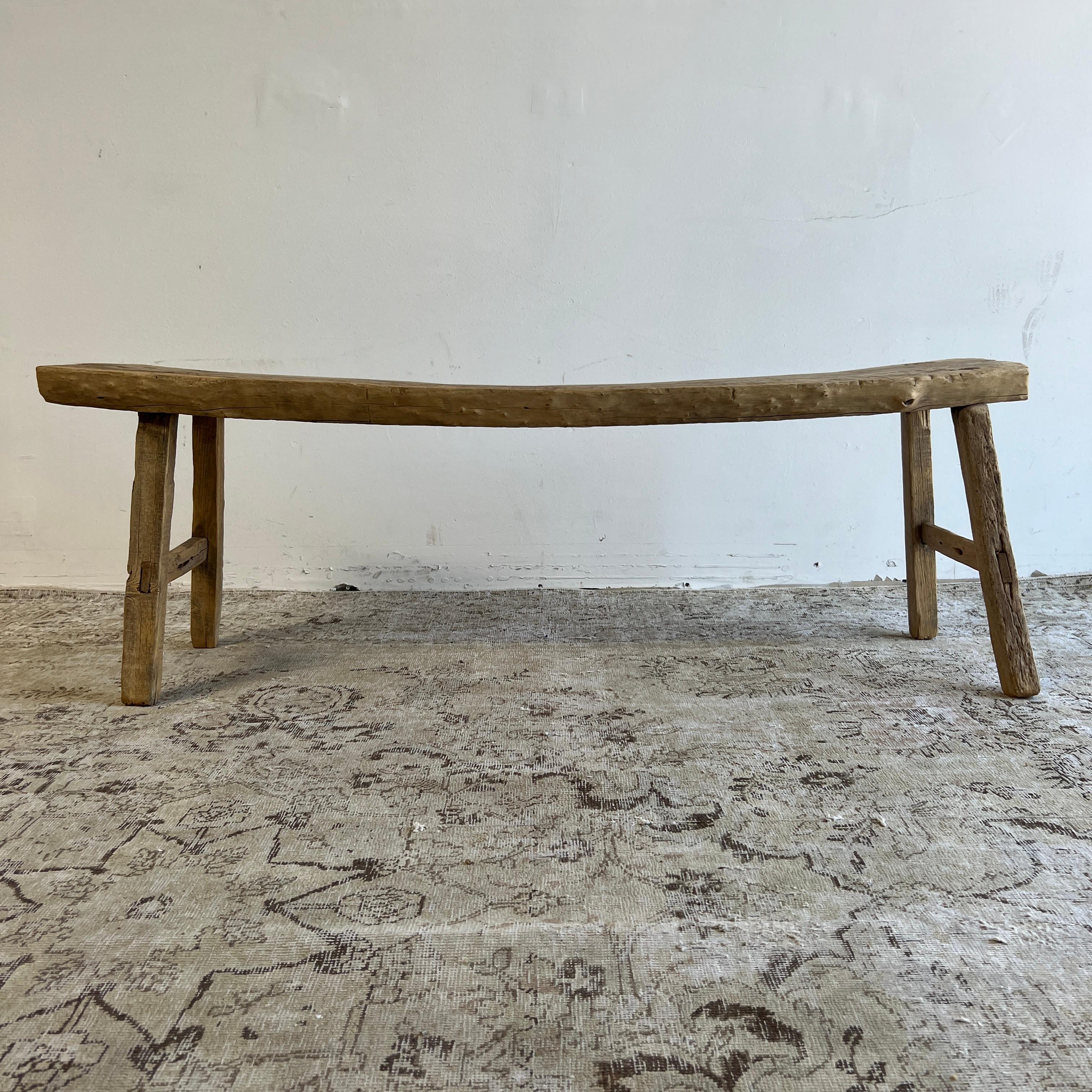 20th Century Vintage Natural Elm Wood Bench with Natural Curve 58