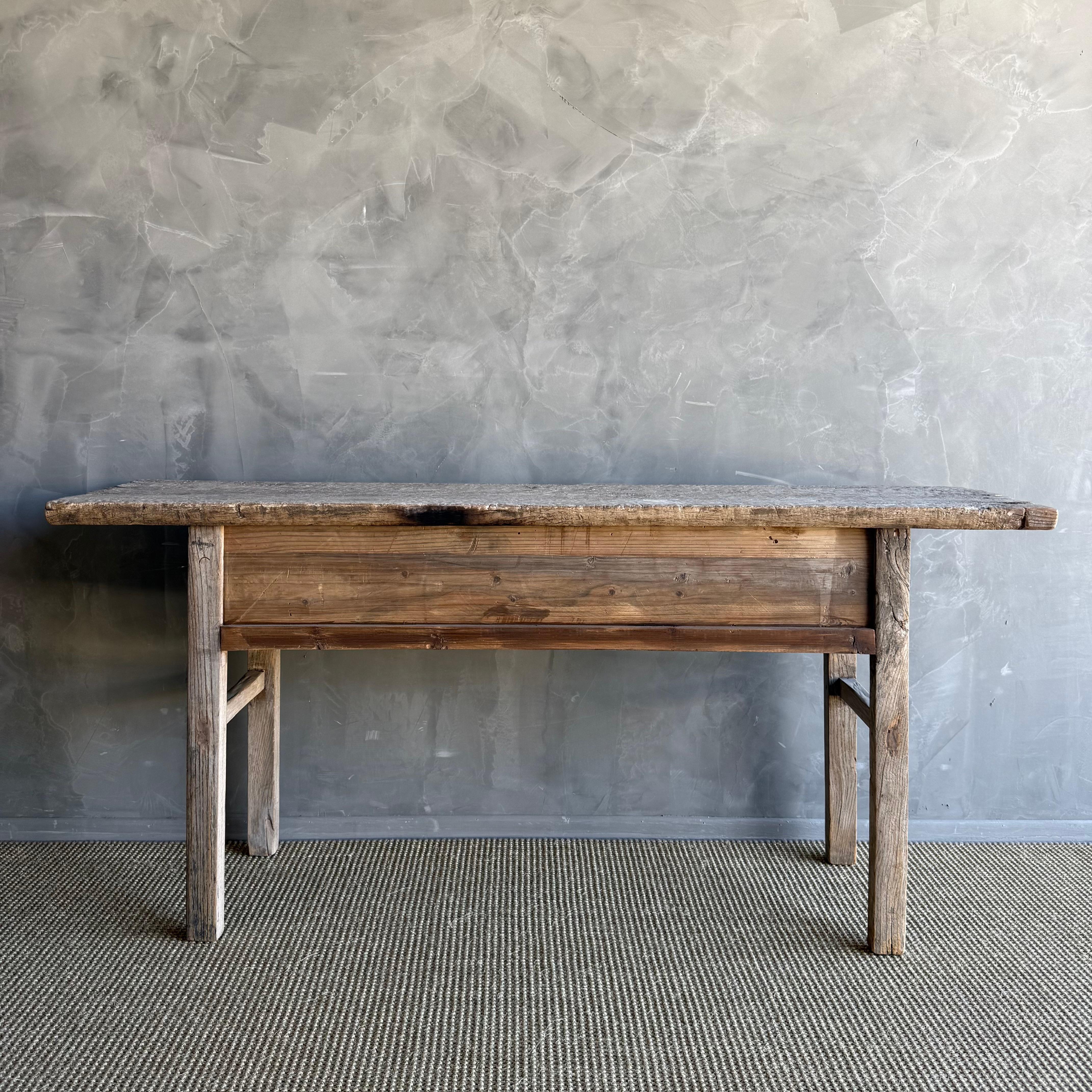 Vintage Natural Elm Wood Console Table with Drawers For Sale 8