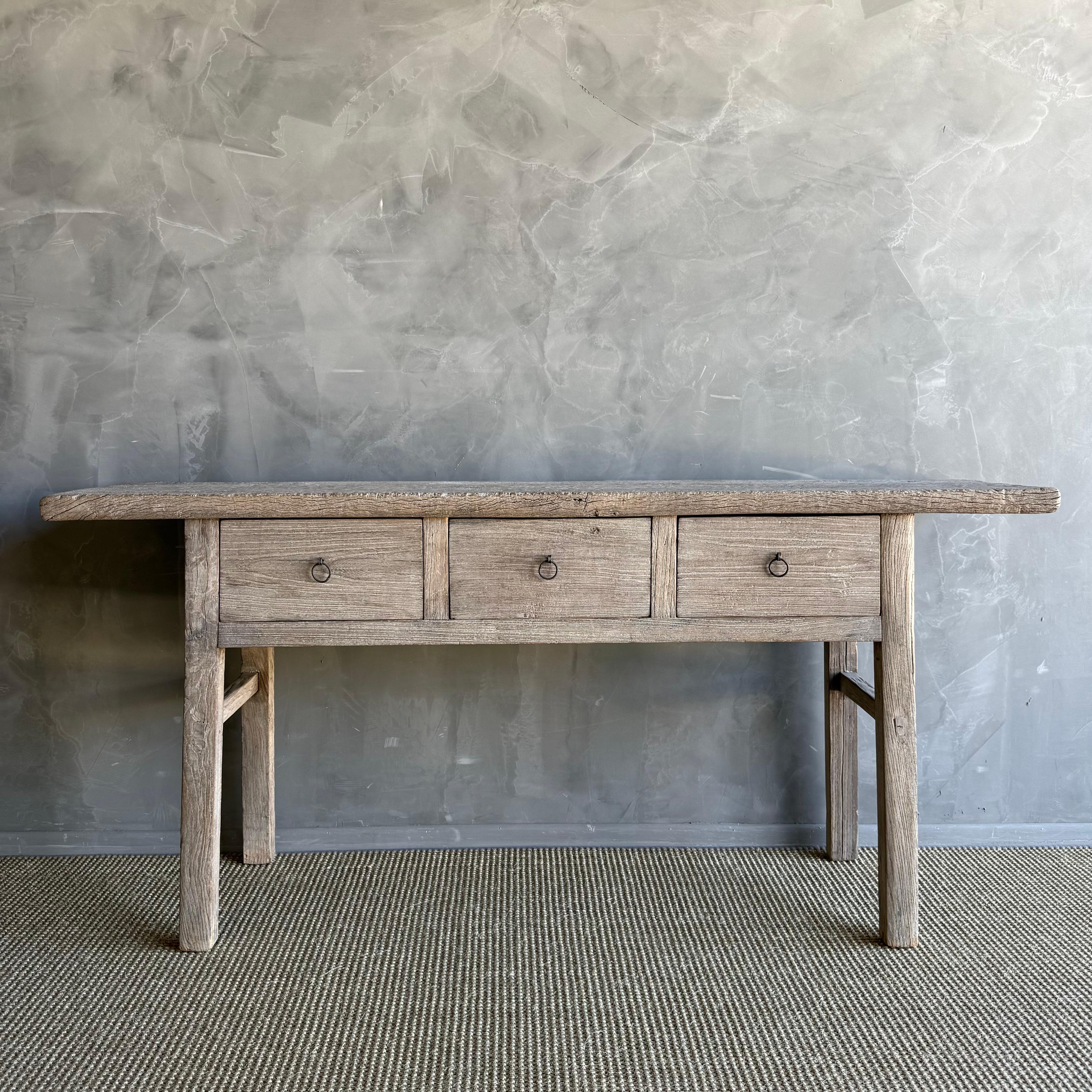 Organic Modern Vintage Natural Elm Wood Console Table with Drawers For Sale