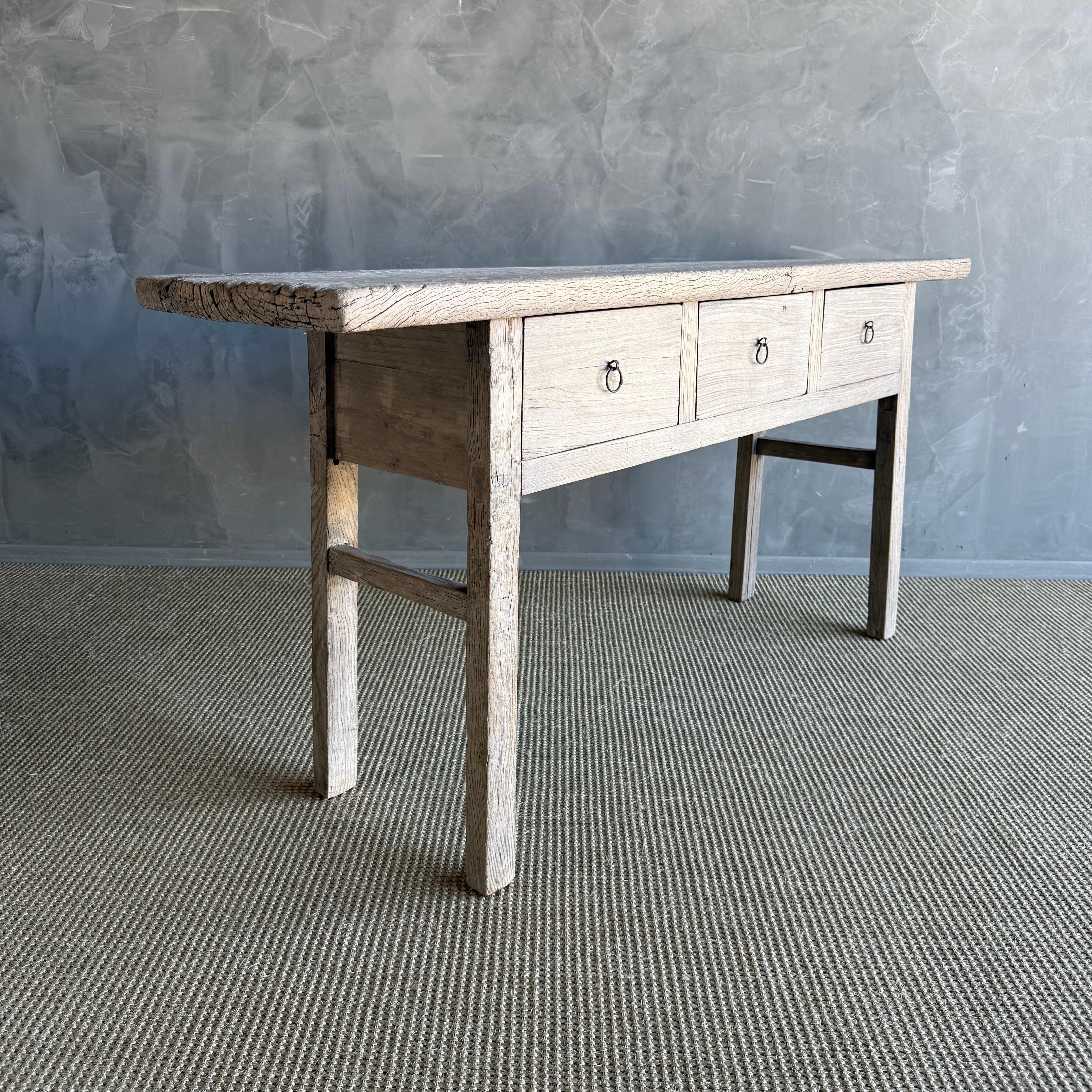 20th Century Vintage Natural Elm Wood Console Table with Drawers For Sale