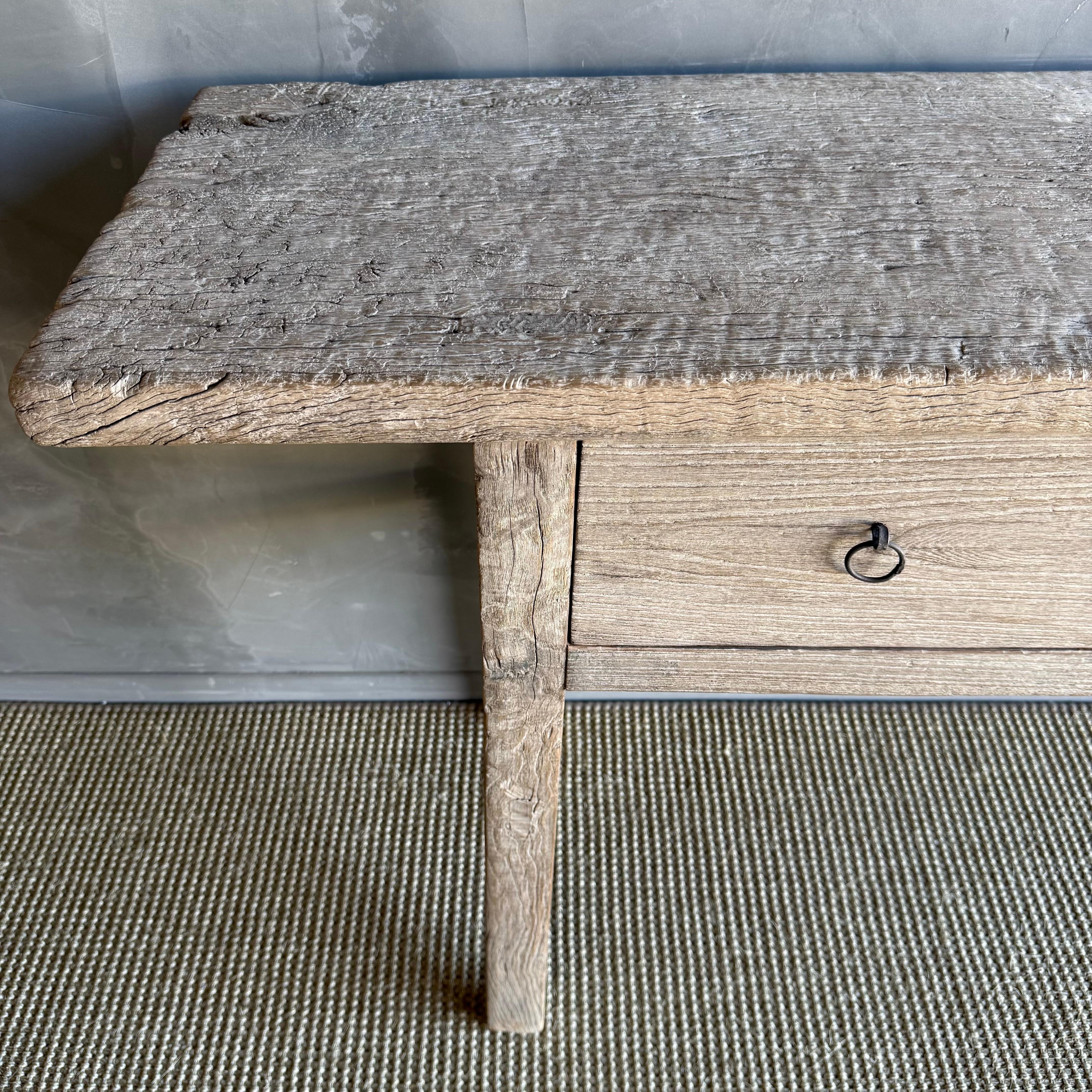 Vintage Natural Elm Wood Console Table with Drawers For Sale 1