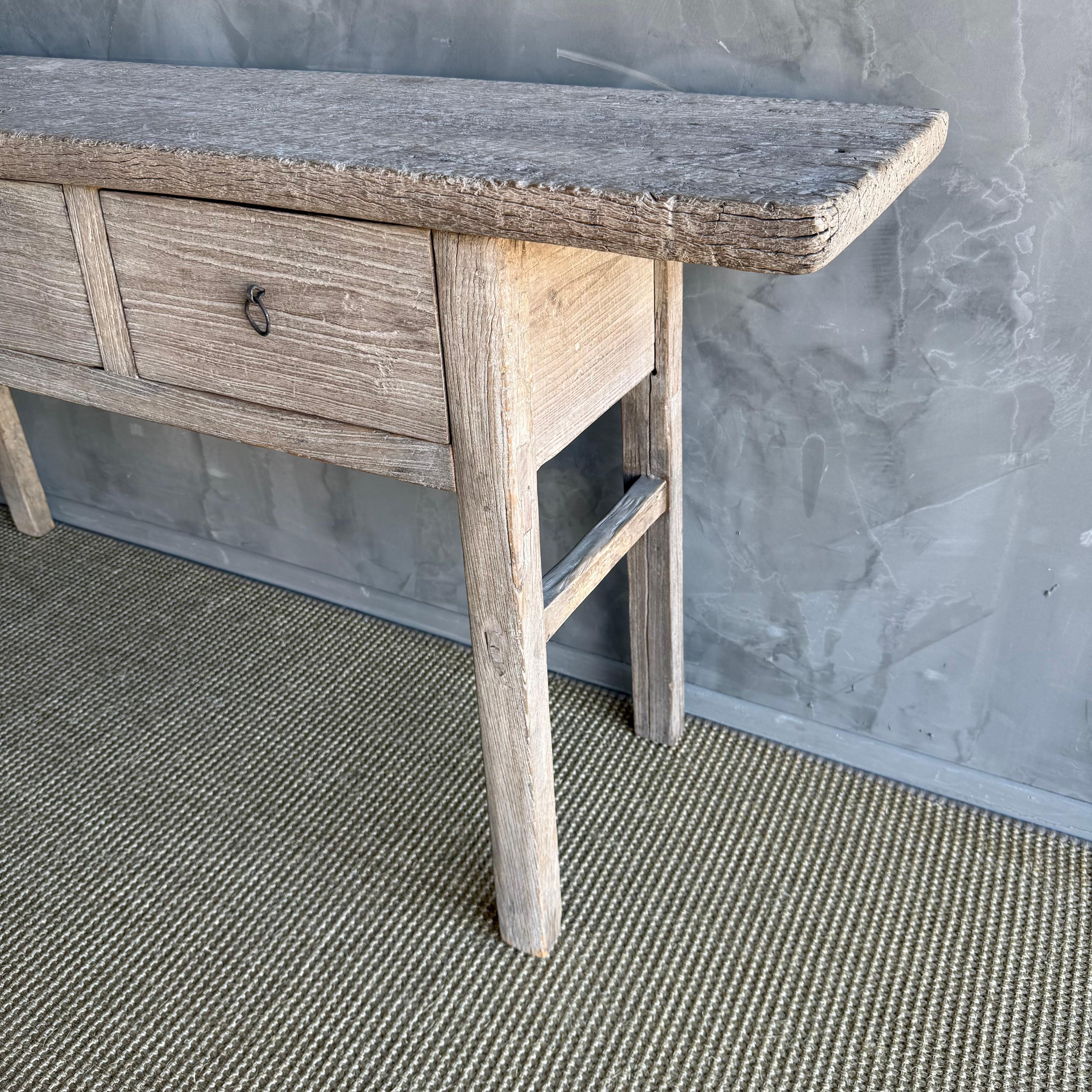 Vintage Natural Elm Wood Console Table with Drawers For Sale 3