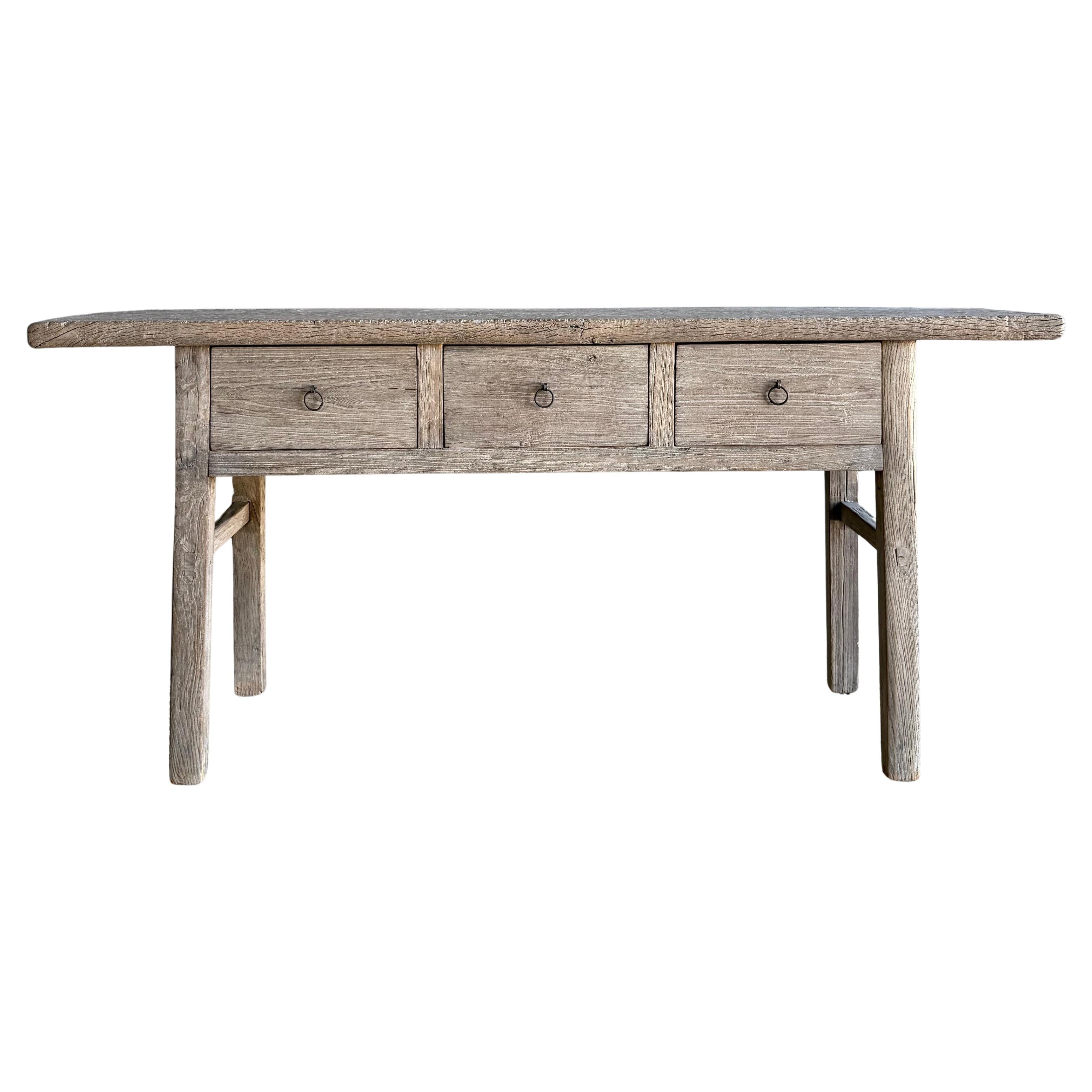 Vintage Natural Elm Wood Console Table with Drawers For Sale