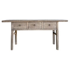 Vintage Natural Elm Wood Console Table with Drawers