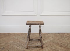 Vintage Natural Elm wood Stool with Faded Paint
