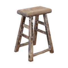 Vintage Natural Elm wood Stool with Faded Paint