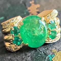 Vintage Natural Emerald Cabochon & Diamond Ring Cocktail Ring 14K Yellow Gold