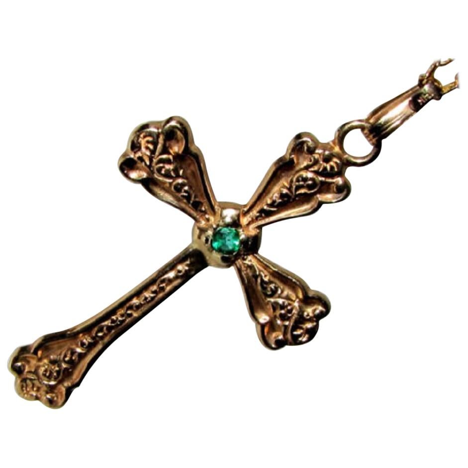 Vintage Natural Emerald Cross Pendant 14 Karat