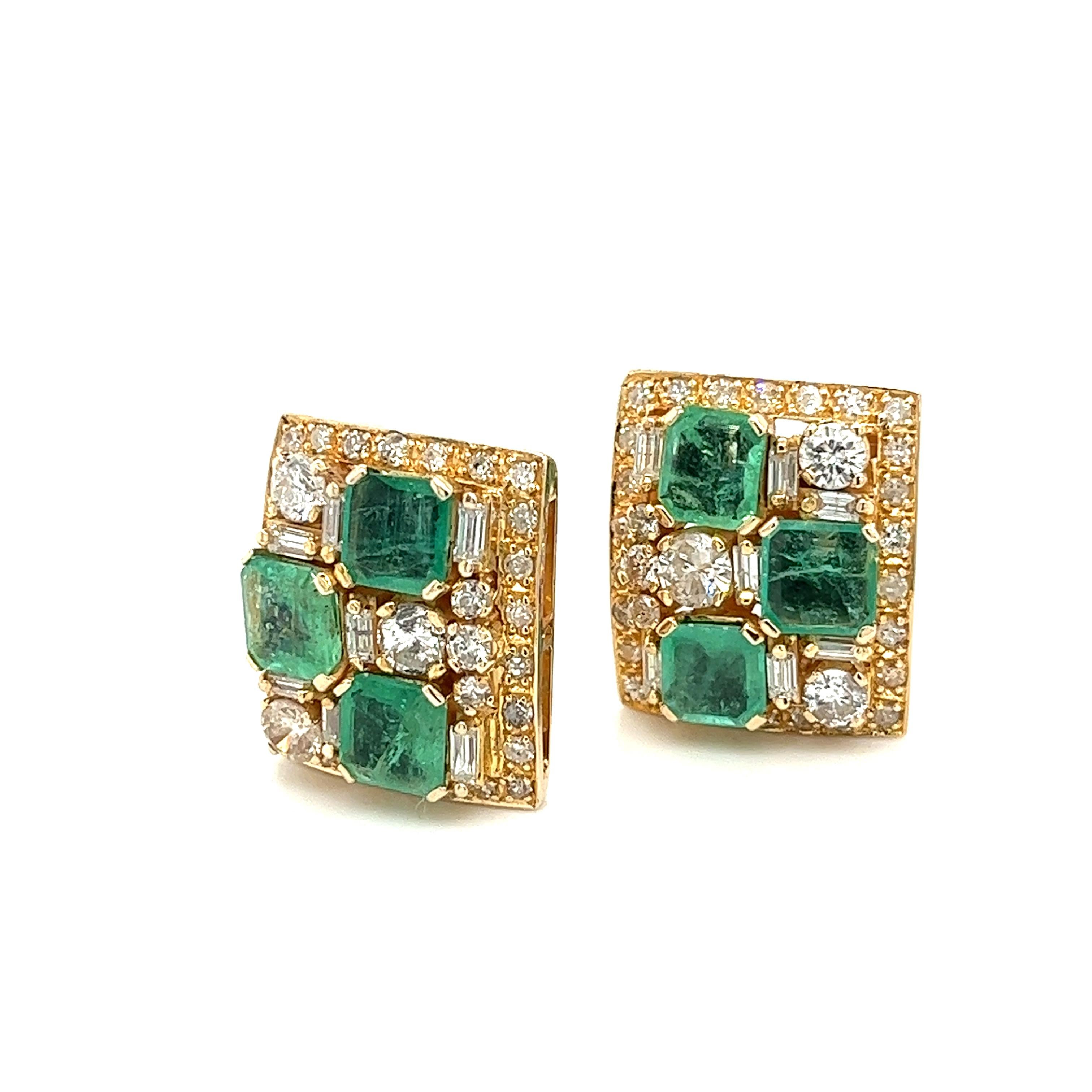 Vintage natürlichen Smaragd & Diamant-Ohrring und Ring-Schmuck-Set in 18K Gold (Art déco) im Angebot