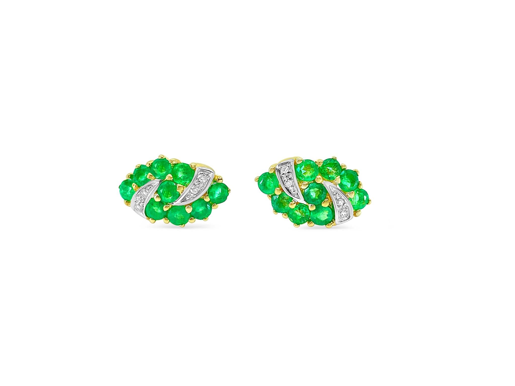Enhance your elegance with these beautiful earrings crafted from 14k yellow gold, adorned with a total of 3.25 carats of round-cut emeralds and 0.40 carats of round brilliant-cut diamonds. The emeralds, totaling 3.25 carats, radiate beauty and